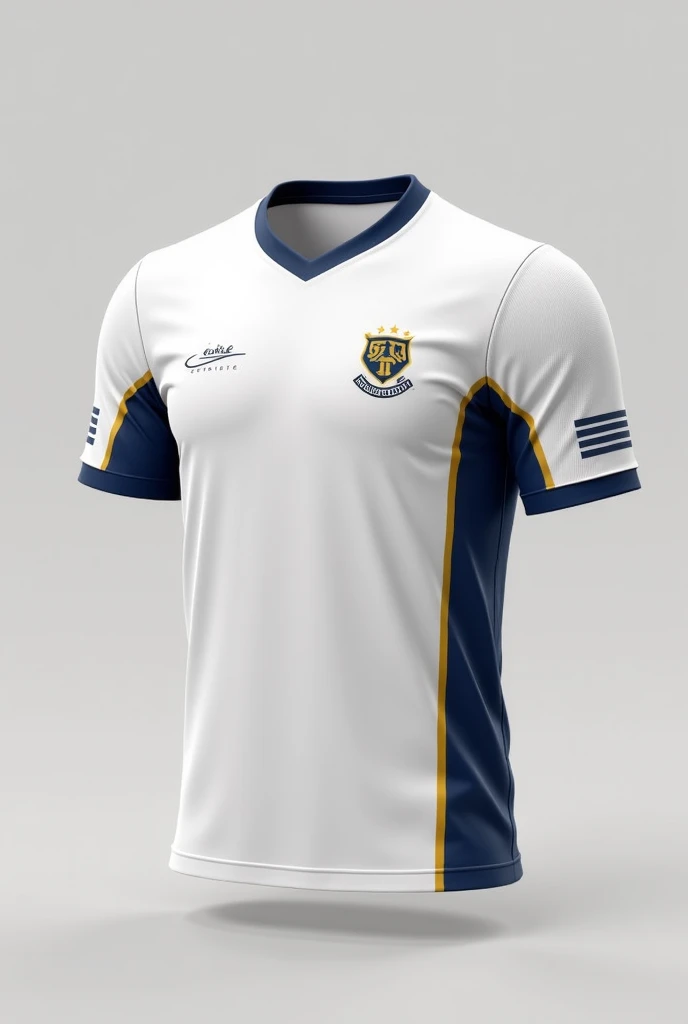 create a uniform for a football team called IPASEP where the predominant colors are Blue and White, The uniform should be white with blue and gold details, with white shorts with blue and gold details