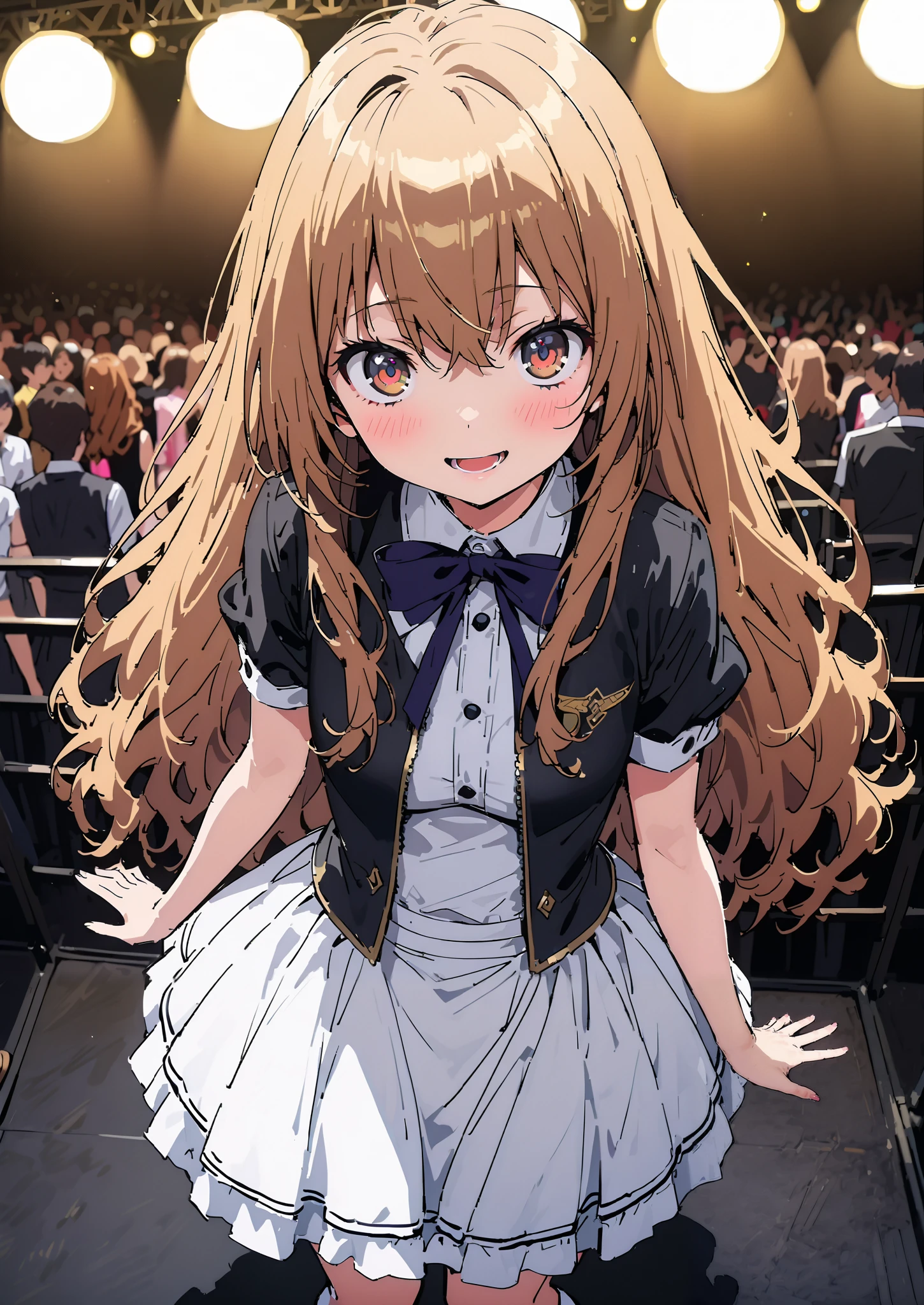 Taigaisaka, Aisaka Taiga,  long hair, Alone,brown hair, brown eyes,blush,smile,opens her mouth, half up do,
 idol costume, dress,collared  dress, jacket,cropped  jacket,Short sleeve,bowtie,bow,button, above Decorati has ,,( white knee-high :1.2),shoes,standing,audience,full bodyがイラストに入るように,
break indoors,concert venue,
break looking at viewer,full body,
break (masterpiece:1.2),Highest quality , kampala, Unity 8K Wallpaper ,(shape:0.8),(  fine, beautiful eyes  :1.6),It's a person ,full body写真,CG Details , ( perfect hands, complete anatomy),