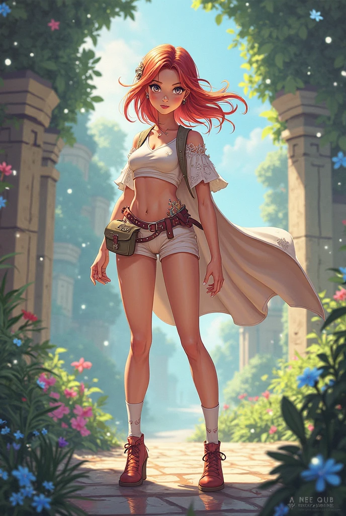 Create an anime style illustration of a Mexican woman cosplaying as a Mexican Aztec warrior, stopping on a rock with vegetation. She should have medium-length hair styled with soft curls, dyed with a bright Mexican pink. Dress it up with a vibrant outfit in a deep red, sunny green and intense turquoise, that features a fun design with a fitted blouse and a patterned skirt. Her expression should be relaxed and happy, reflecting her enjoyment of the elegant surroundings. Highlight the detailed elements of her cosplay and the sophisticated and welcoming atmosphere of the forest.
