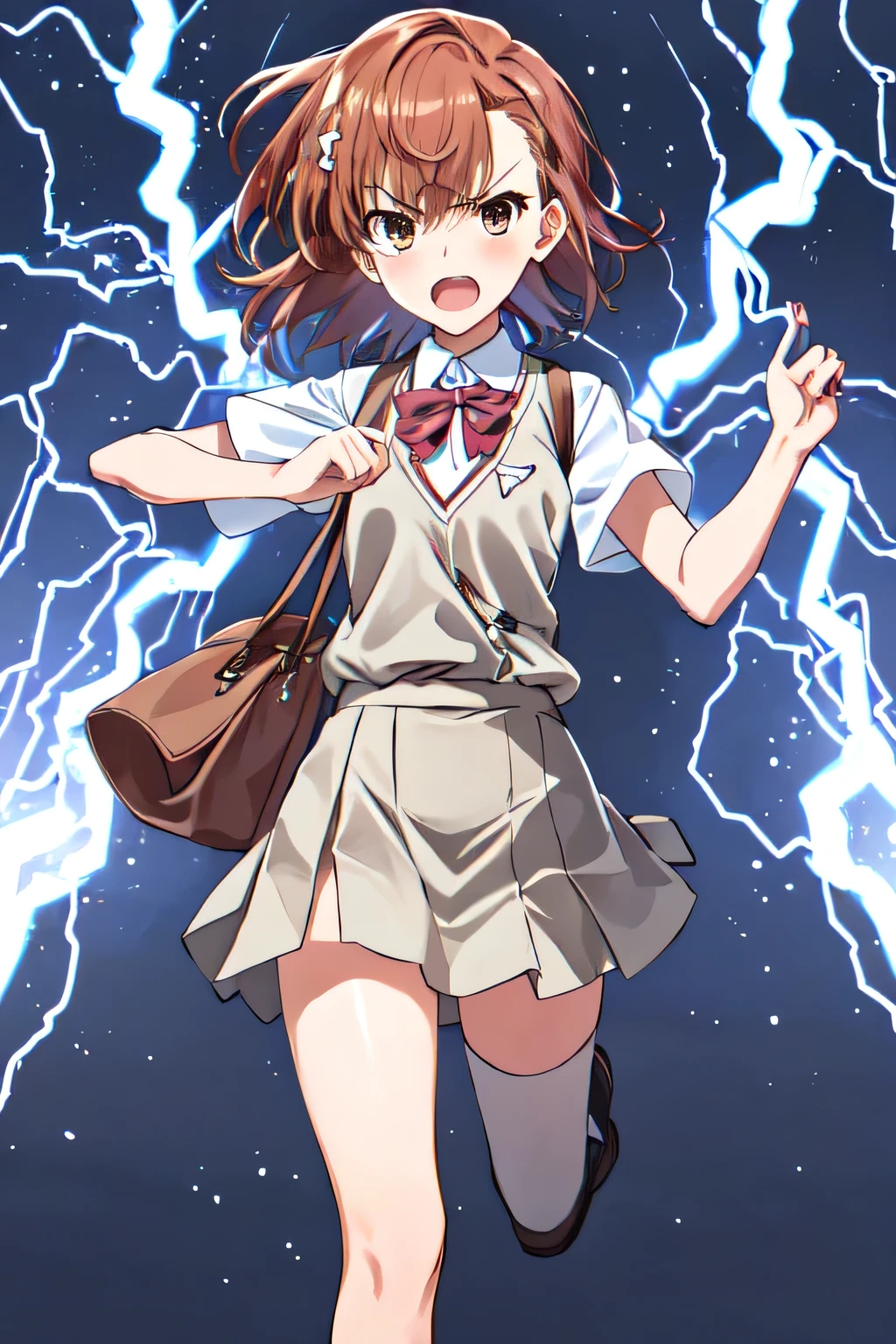 1girl:1.2, Misaka Mikoto, tokiwadai school uniform, bag, from above, focus face, face shoot, slightly angry, shouting:1.5, hiding her embarrassment, opened mouth, street background:1.2, electricity light around her (extremely detailed CG, masterpiece, highres icon,absurdres,4K),
