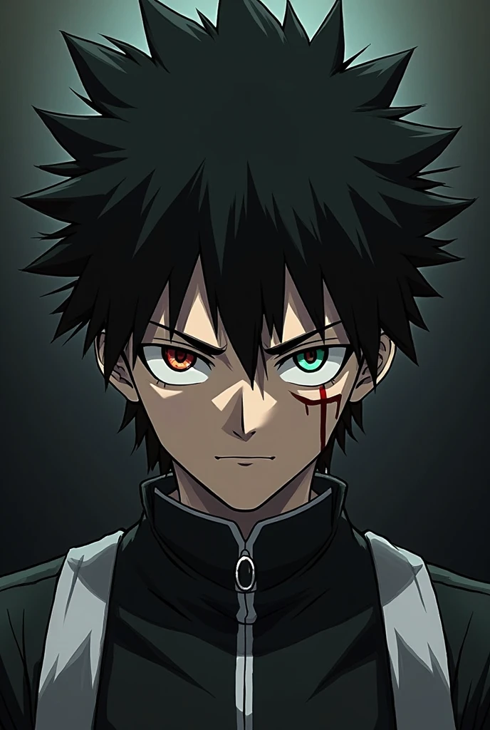 Anime boy who has Black hair with glowing blue eyes that looks like gojo's eyes wearing Jujutsu high uniform charging red glowing light ball while smirking with his mouth opened as his eyes glowing blue and wide opened looks so rare background city ruins his face was covered with blood and he has some body injuries as he's about to shoot the red blast in a fighting scene