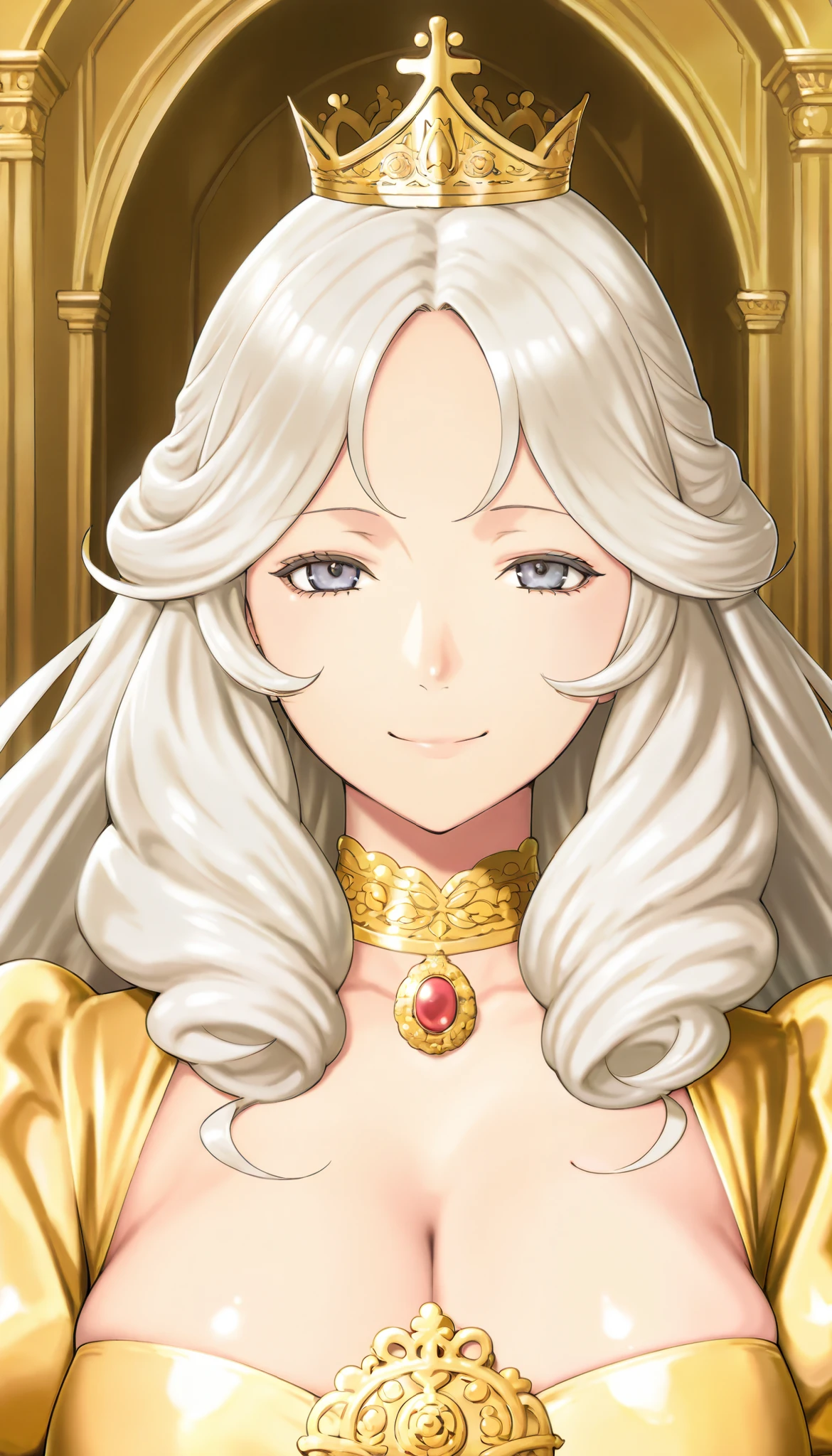 score_9, score_8_up, score_7_up, uncensored, source_anime, 1 girl, Alone, smile, Gold Dress, viewers, portrait, upper body, nice, royal, Sacred, goddess, saint, (royal palace), Big Breasts, fluffy hair, platinum blonde hair, puff sleeve,