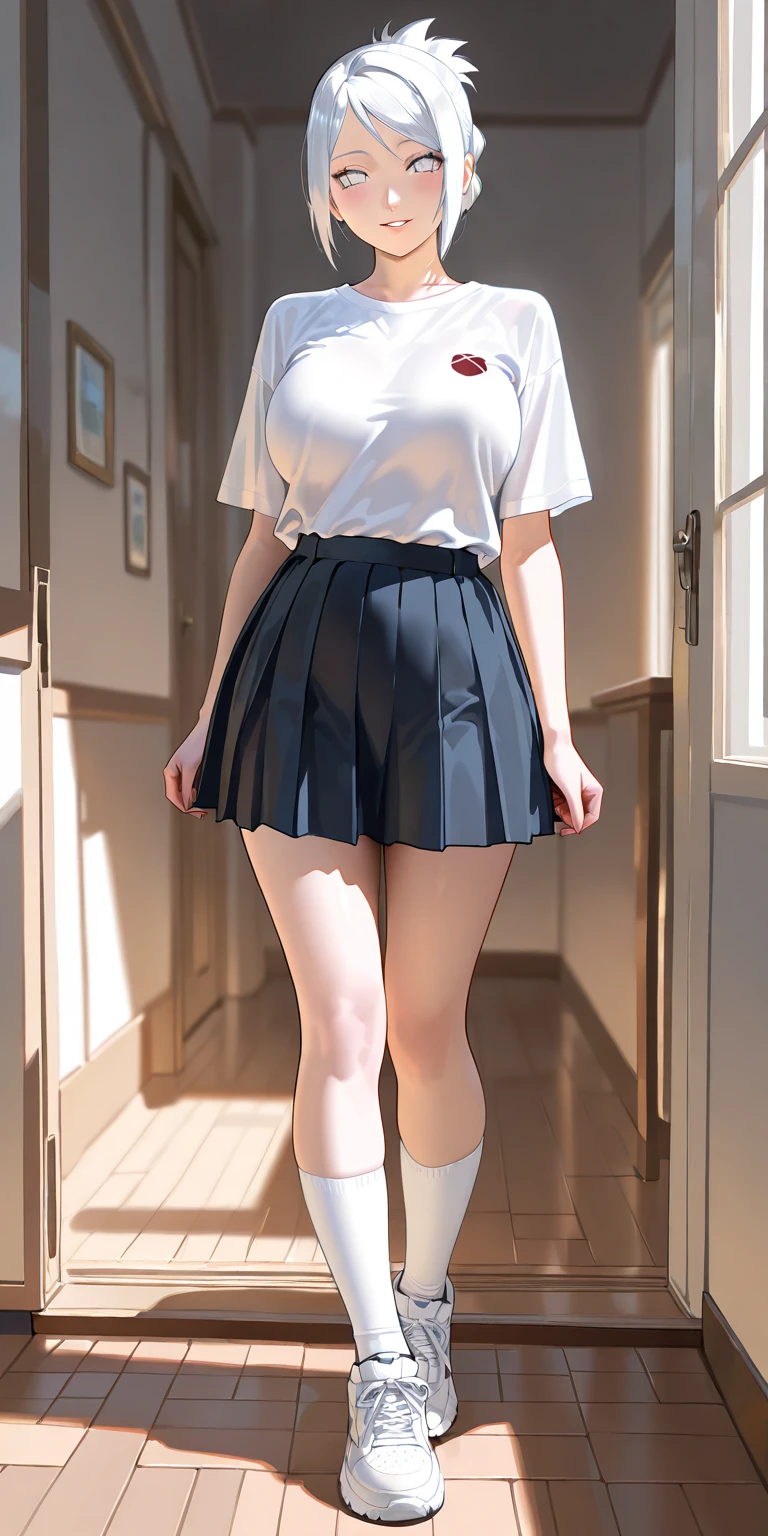 Japanese women, (smile:1.05),Browsing Caution、8k,Highest quality, masterpiece, Very detailed, 超High resolution, Realistic, RAW Photos, , Absolute Resolution, Complete limbs、Complete Anatomy、Perfect beautiful skin、cute女の子1人,cute女の子 、(smile:1.2)、ta Girl、(school uniform:1.3)、(Sleeveless shirt:1.1)、 ((If you raise your right hand above your head, you can see your armpit.))、((左手でPleated skirtを掴んで捲るとWhite lace pantiesが確認できる))、Accentuate your thighs、cute女の子、 Japanese Girls、(bedroom:1.2)、Mix 4, (16K, Raw photo, Full body portrait、Best image quality, masterpiece: 1.45), (Realisticな, Photorealistic: 1.37), Two Girls, cute, Professional Lighting, Photon Mapping, bedroom, Physically Based Rendering, Dark brown long bob hair,Beautiful, well-groomed eyes、double eyelid、With a girl, (((Sleeveless shirts worn by Japanese high school girls、Pleated skirt、Dark blue short socks))), Highest qualityの写真, High resolution, 1080P, (Clear Face), (Detailed face description), (Detailed hand description), (masterpiece), masterpiece、Rich details、(Beautiful Faces)、(Highest qualityの写真)、(Detailed eyes)、Look in front of you、Thin clavicle、((Slim and large))、(((日本はSleeveless shirtを着る)))、((Pure Idol))、((明るいbedroom))、(Shot from random perspectives)、(((White lace panties))),smile、Drawing the whole body from the knees、No nasolabial folds、(((Large firm breasts:1.2)))、Firm big ass、Two arms and two legs、(((from the front:0.4)))、bare hands、Symmetrical eyes、
