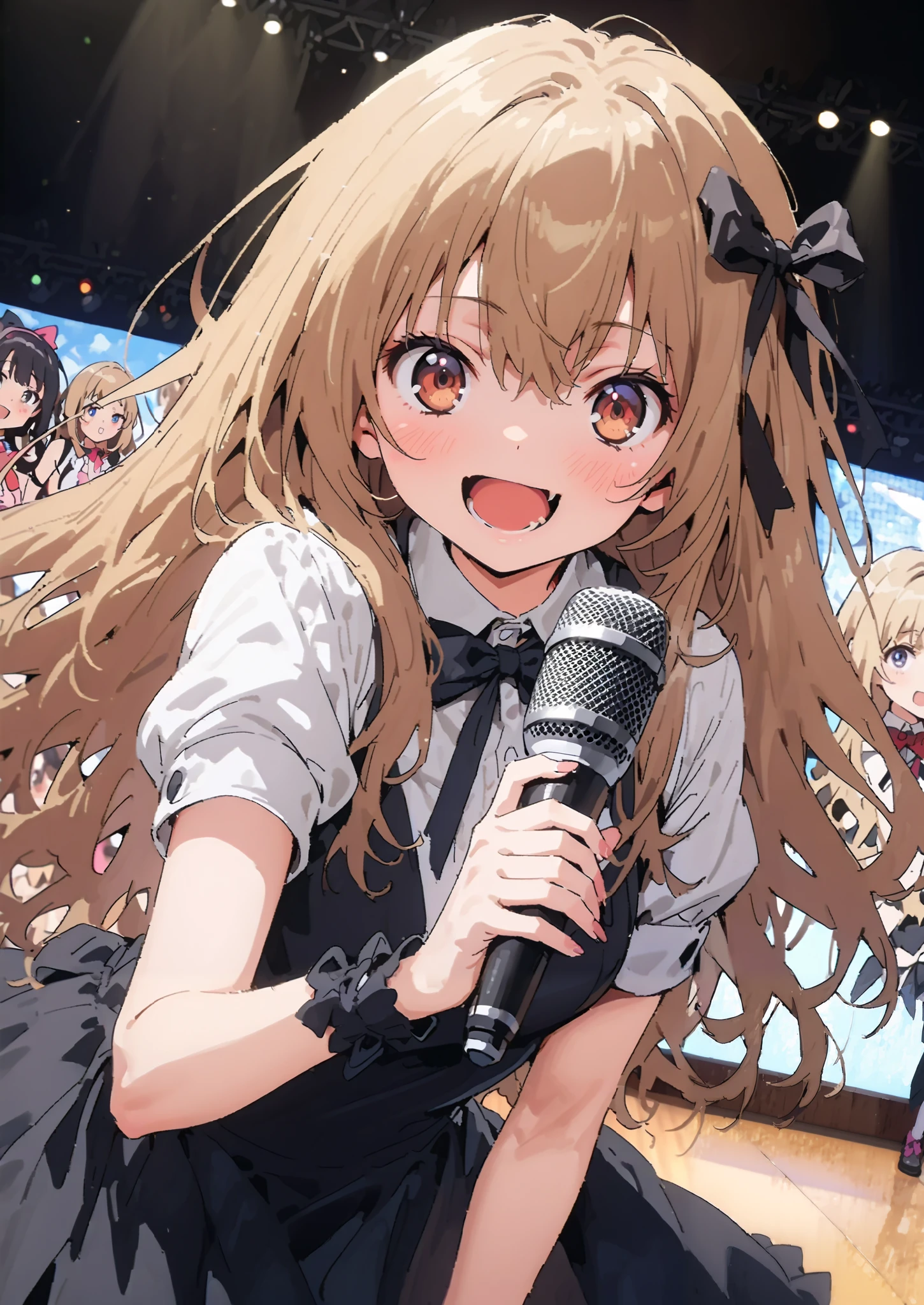 Taigaisaka, Aisaka Taiga,  long hair, Alone,brown hair, brown eyes,blush,smile,opens her mouth,hair Ribbon,アイドル歌手がライブ  stageで熱狂的に歌うシーンのイラスト,アイドル歌手が  stage中央にstanding, idol singers sing with microphones , idol singers are serious and impressive ,The singer&#39;s voice is strong and beautiful. ,  stageの周りにはファンが集まる,   fans sing and dance with idol singers Idol singers who do things  ,The Big Picture, Various colored lights , idol costume, dress,collared  dress, jacket,cropped  jacket,Short sleeve,bowtie,bow,button, above Decorati has ,,( white knee-high :1.2),shoes,standing,full bodyがイラストに入るように,
break indoors, stage,
break looking at viewer,full body,
break (masterpiece:1.2),Highest quality , kampala, Unity 8K Wallpaper ,(shape:0.8),(  fine, beautiful eyes  :1.6),It's a person ,full body写真,CG Details , ( perfect hands, complete anatomy),