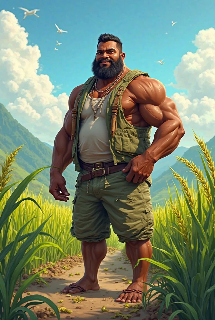 Un chauve, cow boy, avec une moustache, musclé, gros, des yeux perçants , petit m, avec un short et des sandales et une armes à feu lourde, en train de chasser le canard