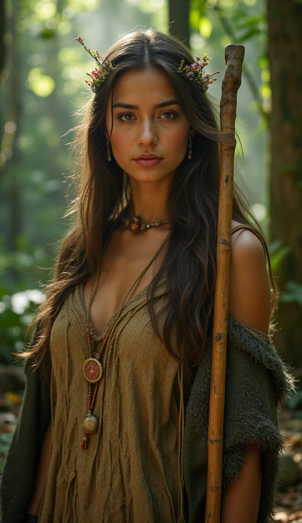 Feminine Female, long And Tangled hair, hazel eyes, Wears animal Hides only, Primal Setting, Jungle ruins Back ground, HD, Ultra Scenery, Vivid lighting.