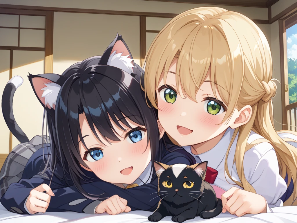 2 girls, girl behind small girl, animal ears, hold another girl animal ear in mouth <lora:None-001:0.3>