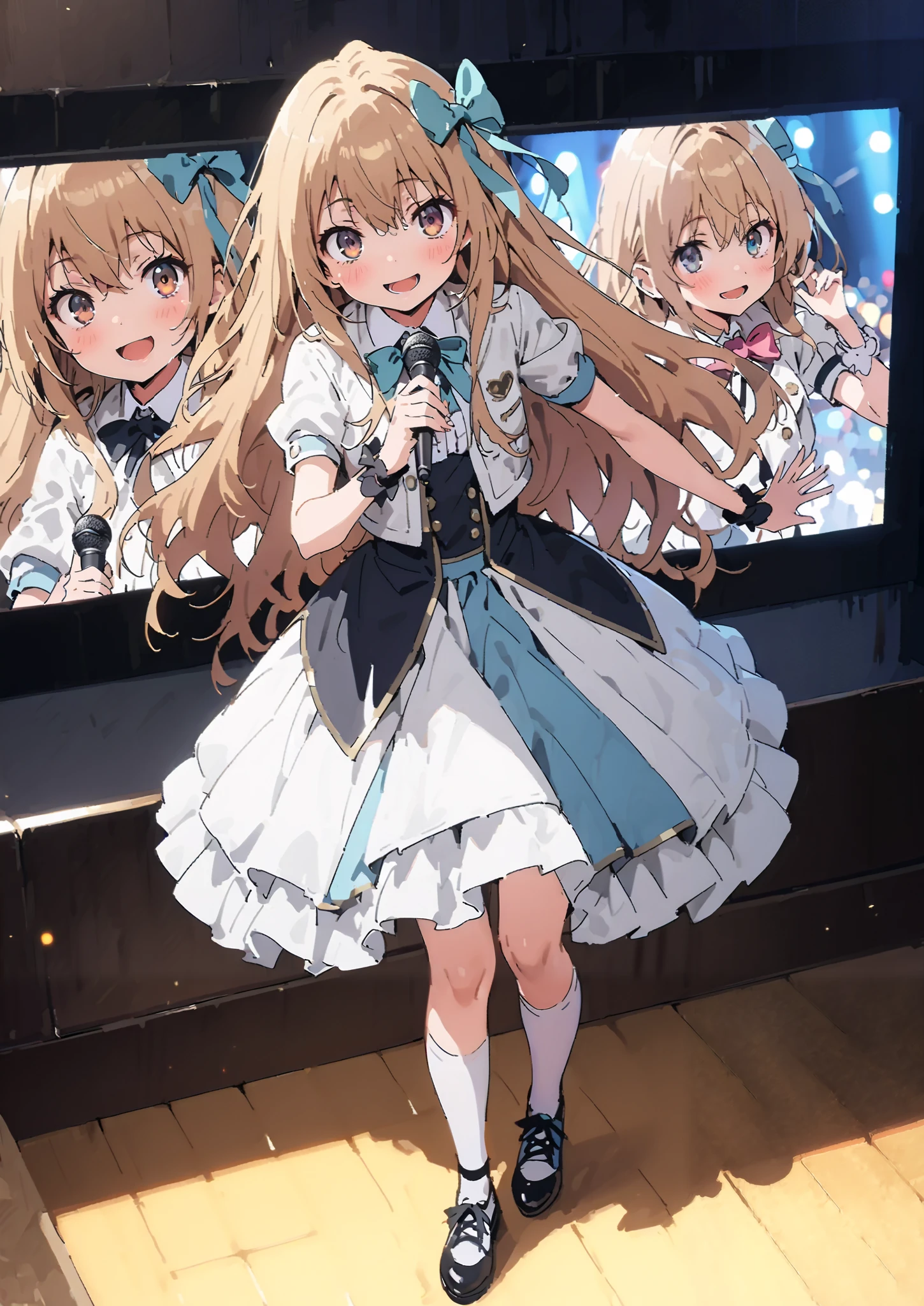 Taigaisaka, Aisaka Taiga,  long hair, Alone,brown hair, brown eyes,blush,smile,opens her mouth,hair Ribbon,アイドル歌手がライブ  stageで熱狂的に歌うシーンのイラスト,アイドル歌手が  stage中央にstanding, idol singers sing with microphones , idol singers are serious and impressive ,The singer&#39;s voice is strong and beautiful. ,  stageの周りにはファンが集まる,   fans sing and dance with idol singers Idol singers who do things  ,The Big Picture, Various colored lights , idol costume, dress,collared  dress, jacket,cropped  jacket,Short sleeve,bowtie,bow,button, above Decorati has ,,( white knee-high :1.2),shoes,standing,full bodyがイラストに入るように,
break indoors, stage,
break looking at viewer,full body,
break (masterpiece:1.2),Highest quality , kampala, Unity 8K Wallpaper ,(shape:0.8),(  fine, beautiful eyes  :1.6),It's a person ,full body写真,CG Details , ( perfect hands, complete anatomy),