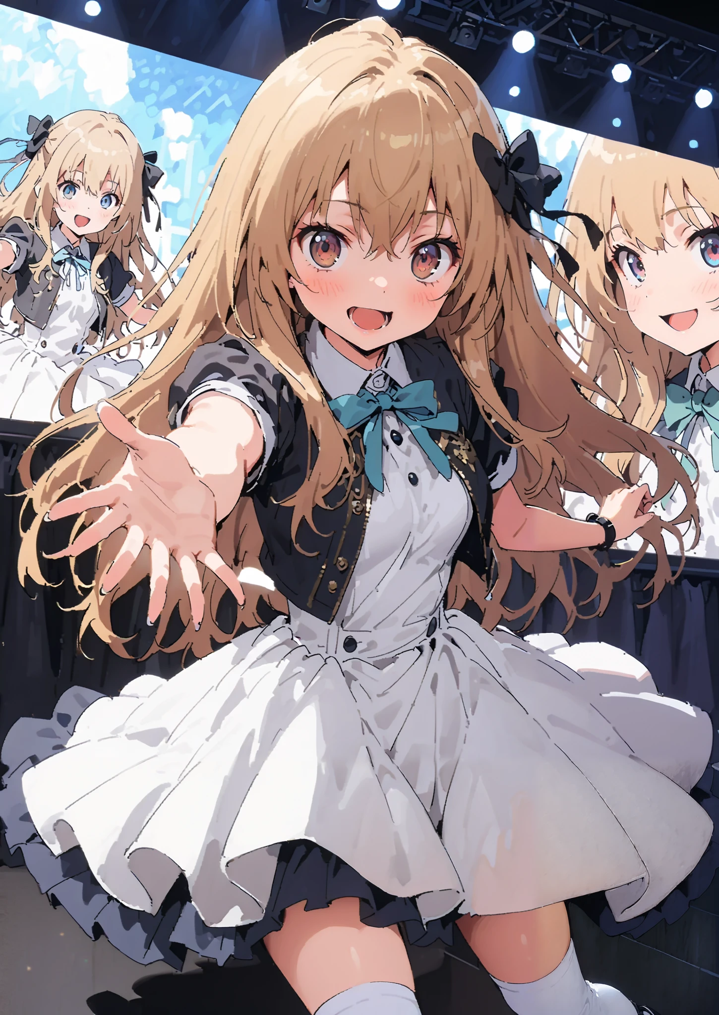 Taigaisaka, Aisaka Taiga,  long hair, Alone,brown hair, brown eyes,blush,smile,opens her mouth,hair Ribbon,アイドル歌手がライブ  stageで熱狂的に歌うシーンのイラスト,アイドル歌手が  stage中央にstanding, idol singers sing with microphones , idol singers are serious and impressive ,The singer&#39;s voice is strong and beautiful. ,  stageの周りにはファンが集まる,   fans sing and dance with idol singers Idol singers who do things  ,The Big Picture, Various colored lights , idol costume, dress,collared  dress, jacket,cropped  jacket,Short sleeve,bowtie,bow,button, above Decorati has ,,( white knee-high :1.2),shoes,standing,full bodyがイラストに入るように,
break indoors, stage,
break looking at viewer,full body,
break (masterpiece:1.2),Highest quality , kampala, Unity 8K Wallpaper ,(shape:0.8),(  fine, beautiful eyes  :1.6),It's a person ,full body写真,CG Details , ( perfect hands, complete anatomy),