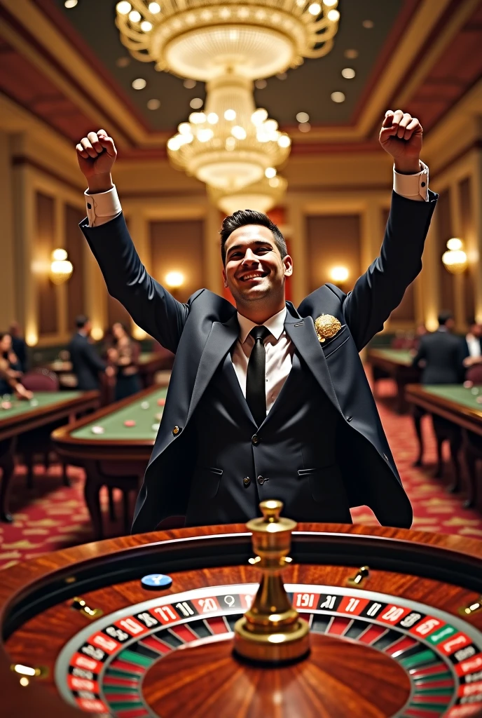 naughty man, Grinning, at a poker table, a beautiful casino behind, in a suit, with victory gesture