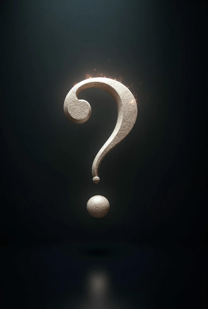 Create a very large 3D question mark on a dark background and a small light illuminating that question mark.