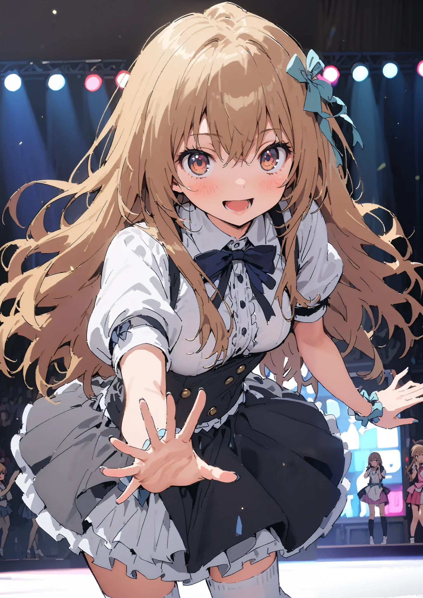 Taigaisaka, Aisaka Taiga,  long hair, Alone,brown hair, brown eyes,blush,smile,opens her mouth,hair Ribbon,アイドル歌手がライブ  stageで熱狂的に歌うシーンのイラスト,アイドル歌手が  stage中央にstanding, idol singers sing with microphones , idol singers are serious and impressive ,The singer&#39;s voice is strong and beautiful. ,  stageの周りにはファンが集まる,   fans sing and dance with idol singers Idol singers who do things  ,The Big Picture, Various colored lights , idol costume, dress,collared  dress, jacket,cropped  jacket,Short sleeve,bowtie,bow,button, above Decorati has ,,( white knee-high :1.2),shoes,standing,full bodyがイラストに入るように,
break indoors, stage,
break looking at viewer,full body,
break (masterpiece:1.2),Highest quality , kampala, Unity 8K Wallpaper ,(shape:0.8),(  fine, beautiful eyes  :1.6),It's a person ,full body写真,CG Details , ( perfect hands, complete anatomy),