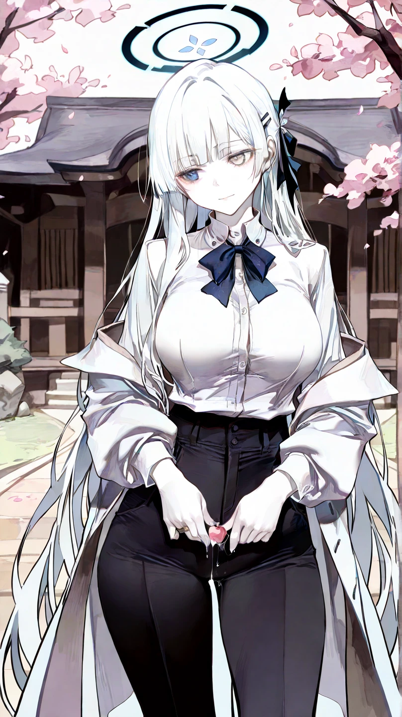 1girl, solo, long hair, breasts, looking at viewer, shirt, long sleeves, hair between eyes, closed mouth, very long hair, jacket, upper body, ponytail, sidelocks, necktie, huge breasts, parted bangs, blazer,