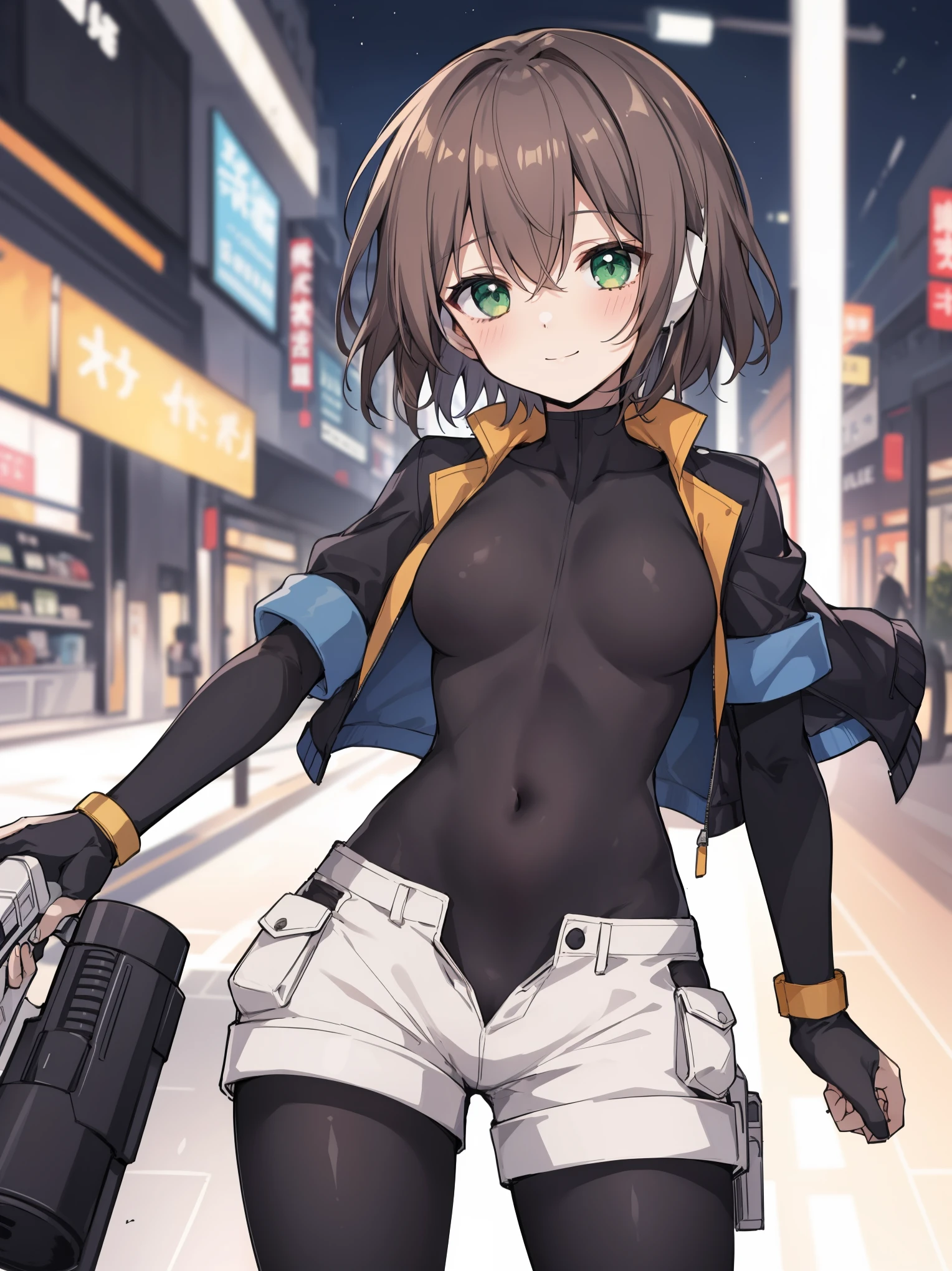 masterpiece, best quality, integrated scenery, integrated background, extremely delicate and beautiful, meticulous details, good composition, , cute face, perfect face, perfect hands, aile_megamanzx, ,BLAKE, 1young__ girl, solo, short hair, brown hair, short_sleeves_jacket,closed_jacket, (bodysuit), robot ears, green eyes, short_shorts, short sleeves, short over long sleeves, smile, in futuristic city, , high quality, (medium_breasts:0.7),crotch, slouch,handgun,aiming_hundgun,raise_arm,breasts_closed_jacket,