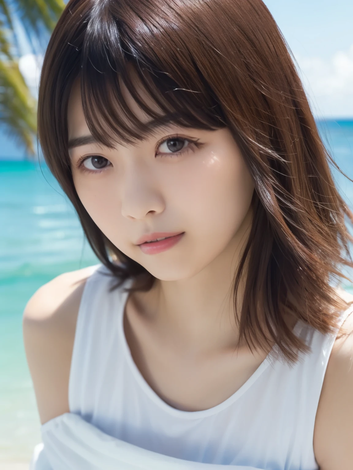 Gazing-into-the-Distance, (wearing , micro bikini:1.3), on beach,Sunlight,Top quality, 1 beautiful Japanese woman, ,high school student,(18 years old),medium hair, (brown hair:1.2), Ultra-realistic capture, Highly detailed, High resolution 16k close-up of human skin. Skin texture must be natural, With such detail that pores can be finely identified. Skin should look healthy, In a uniform tone. Use natural light and color,