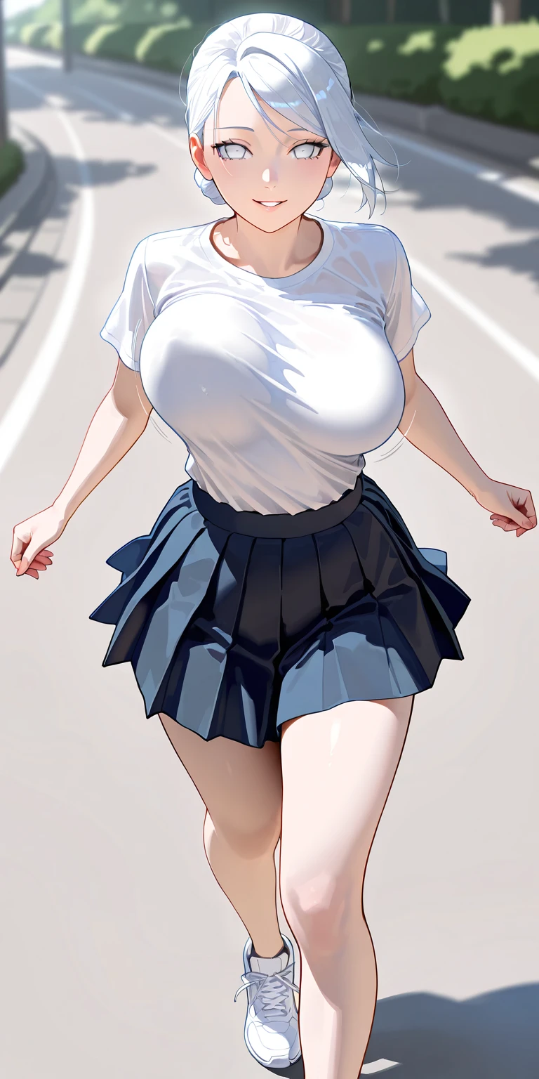 a cheerleader, (huge breasts:1.3), (([Top-less, no shirt on, perfect perky breast, perfect small nipples, sexy, beautiful perfect body, sexy smile, looking directly at the camera])) (cheerleader skirt:1.2), (pleated dark blue cheerleader skirt:1.1), (brown pantyhose legs:1.3), low wedge heel booties, long straight platinum-blonde hair, hair covering one eye, (emphasis on her legs and feet:1.2), small hips, small butt, thin, (skinny), fit, short, athletic, walking towards the viewer, backdrop of a park, masterpiece, 8k, amazing detail, 