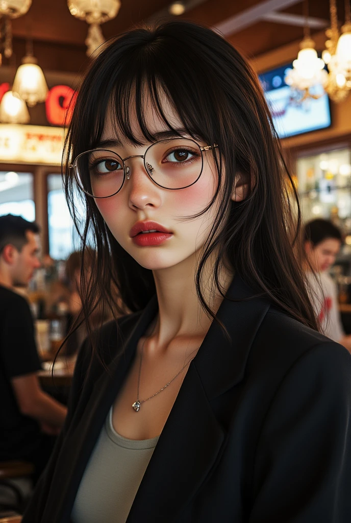 top-quality、​masterpiece、超A high resolution、(Photorealsitic:1.5)、Raw foto、1girl in、White turtleneck、murky、deep-shadows、Unobtrusive、cold light、y appearance、Bob Hair、eye glasses、Super super huge big
