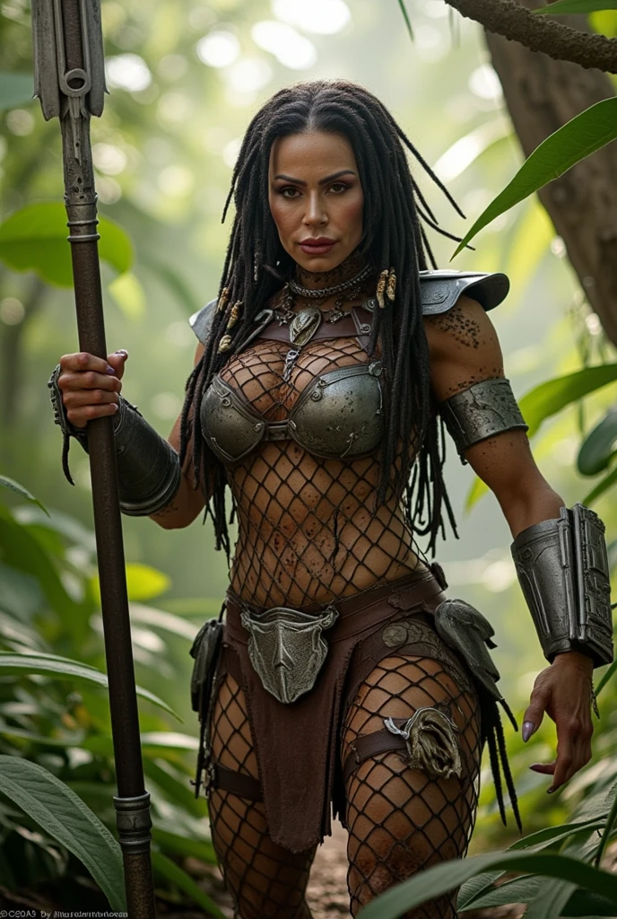 Masterpiece, 50 year old Amazon warrior Woman, gray hair, wearing a loincloth bikini and loincloth top, with a quiver of arrows on her back, holding an archery bow, realistic, in a futuristic spaceship