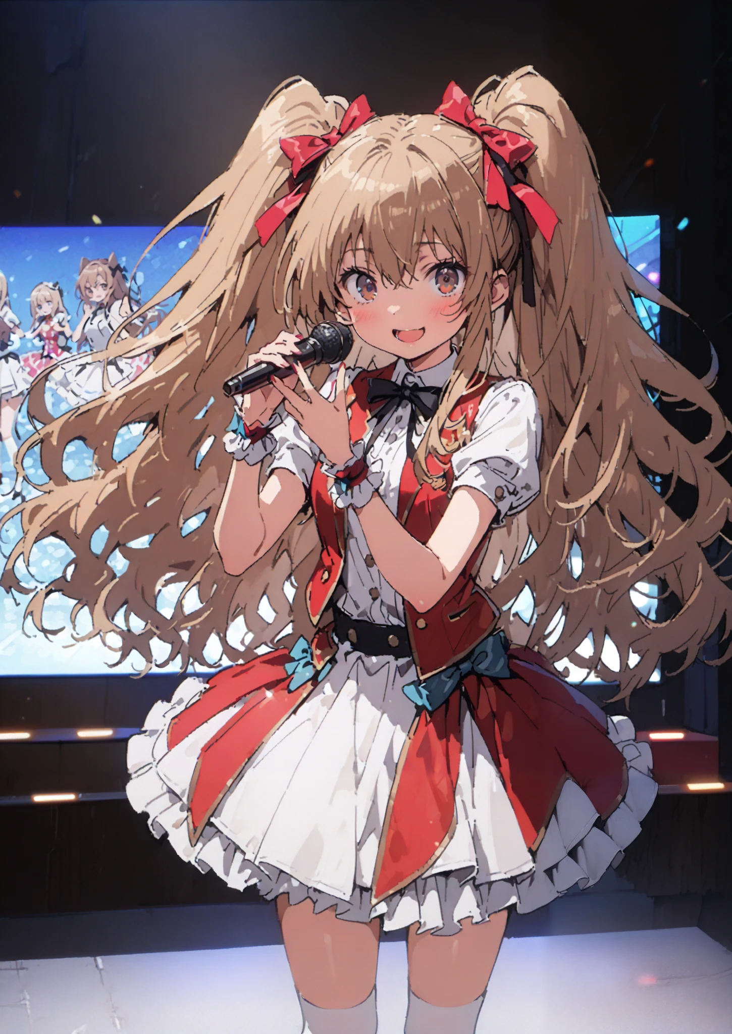 Taigaisaka, Aisaka Taiga, long hair, Alone,brown hair, brown eyes,blush,smile,opens her mouth,hair Ribbon,アイドル歌手がライブ stageで熱狂的に歌うシーンのイラスト,アイドル歌手が stage中央にstanding, idol singers sing with microphones , idol singers are serious and impressive ,The singer's voice is strong and beautiful. , stageの周りにはファンが集まる, fans sing and dance with idol singers Idol singers who do things ,The Big Picture, Various colored lights , idol costume, dress,collared dress, jacket,cropped jacket,Short sleeve,bowtie,bow,button, above Decorati has ,,( white knee-high :1.2),shoes,standing,full bodyがイラストに入るように,
break indoors, stage,
break looking at viewer,full body,
break (masterpiece:1.2),Highest quality , kampala, Unity 8K Wallpaper ,(shape:0.8),( fine, beautiful eyes :1.6),It's a person ,full body写真,CG Details , ( perfect hands, complete anatomy),