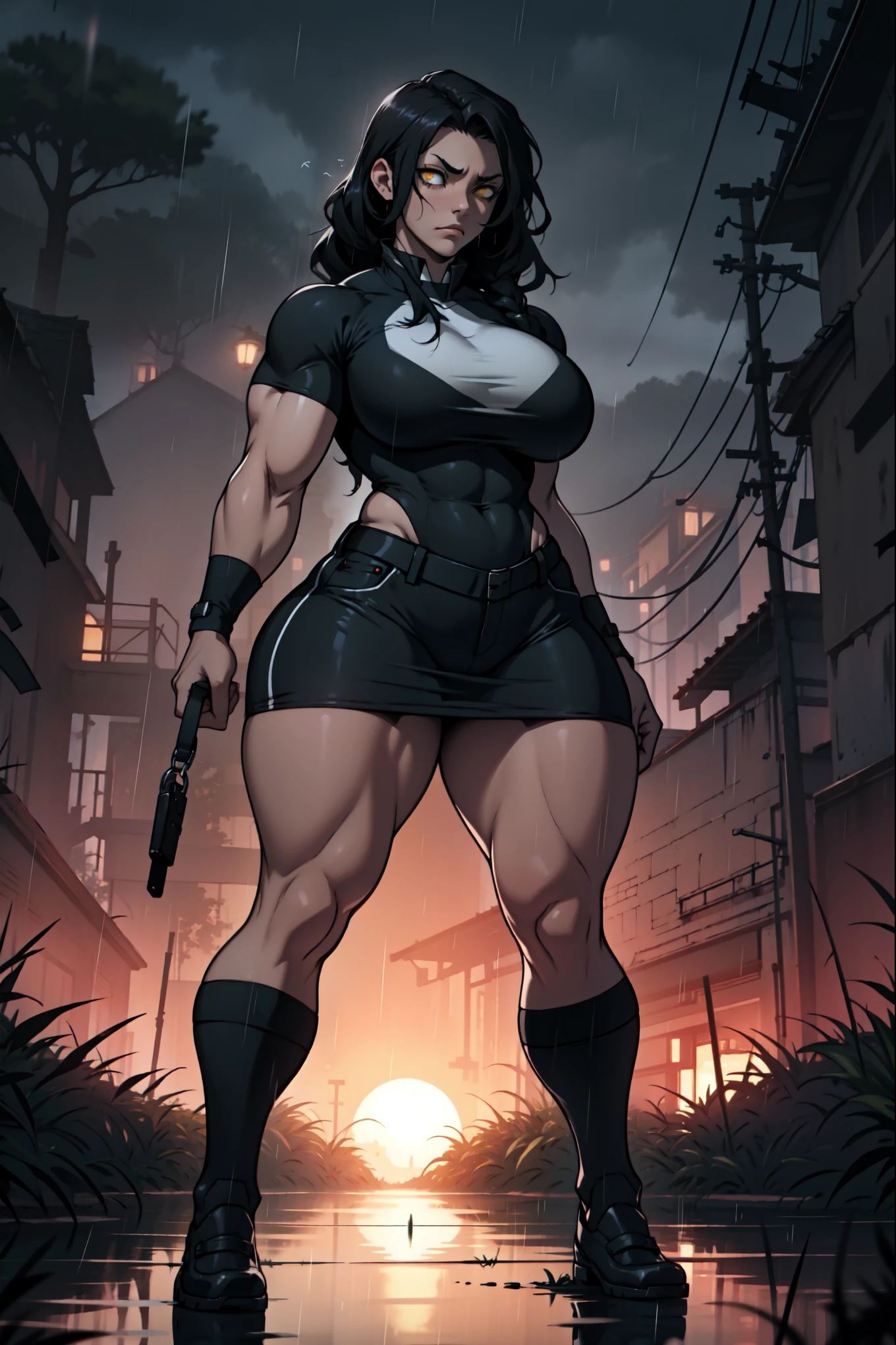 (8k, best quality, masterpiece:1.2) (realistic, photo-realistic:1.37) (full body) 1female solo girl, standing, legs apart (wide stance) standing contrapposto, ultra-detailed, cute (Tifa Lockhart) (large breasts:1.5) (beautiful detailed eyes) (smile:1.2) (closed mouth) sharp focus, depth of field, good composition, Final Fantasy VII, very long straight hair, hair bang ((red_eyes)), intricate, bokeh (Tetsuya Nomura style) perfect breasts, white tank top, black thong, suspenders, gloves, stockings, toned body, athletic, wide hips, thin waist, toned arms, exposed abdomen, view from behind