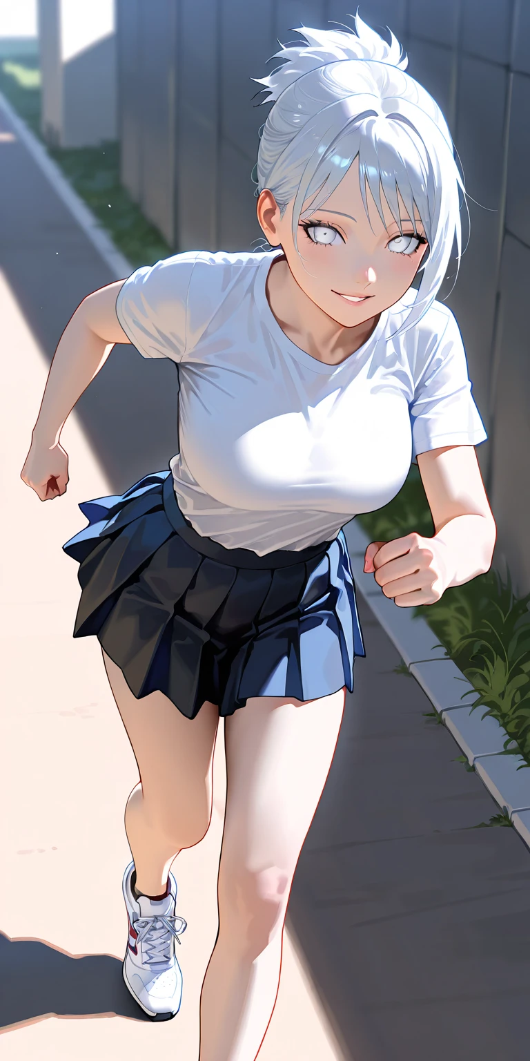 masterpiece, best quality, realistic, hyper-detailed, (shiny skin, sweaty:1.4), slender, looking at viewer, 1girl, solo, tennis wear, white polo shirt, white sneakers, white miniskirt, long hair, silver hair, blue eyes, (thick thighs:0.5), dynamic lighting, high resolution, sharp focus, depth of field, perky breats