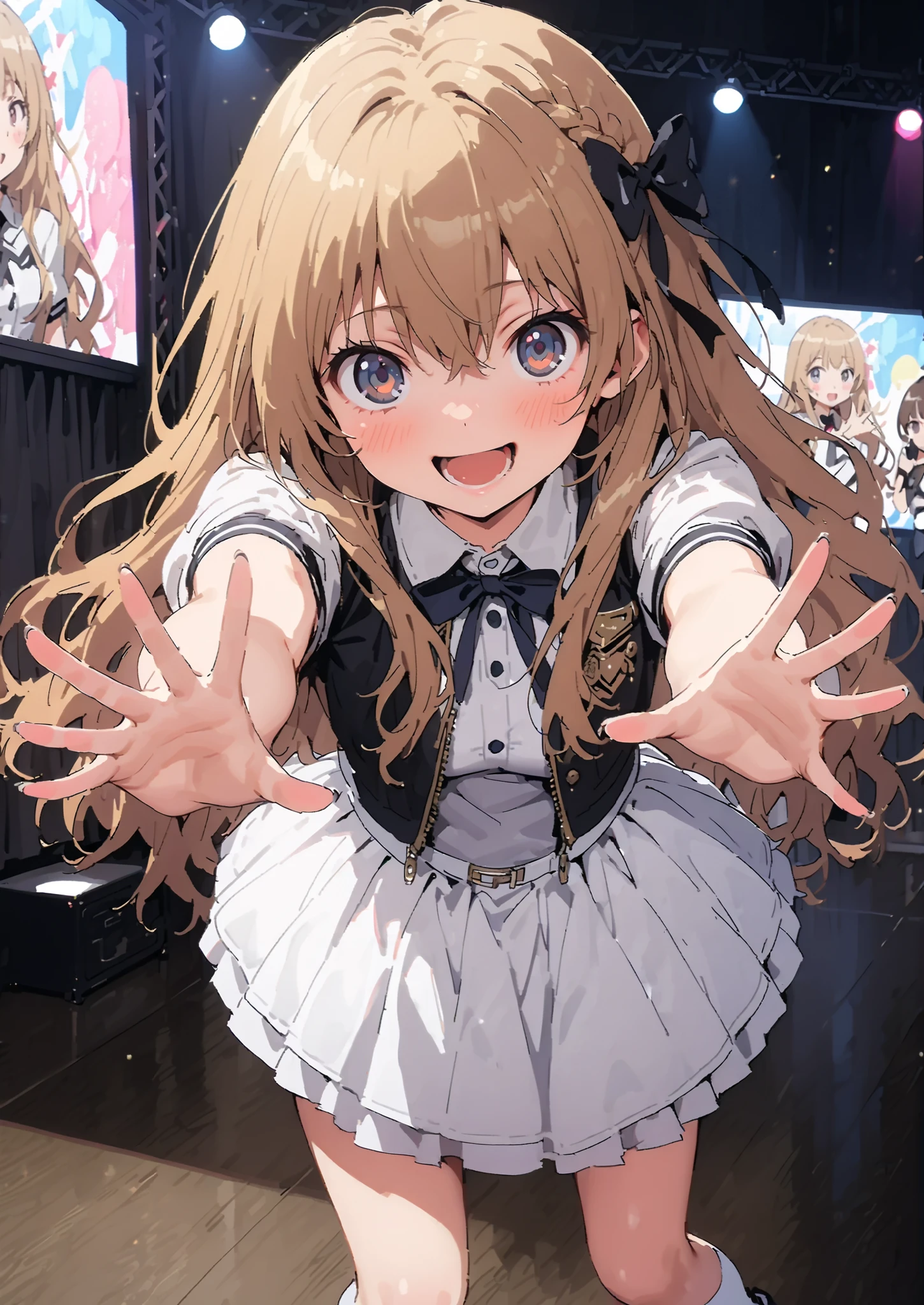 Taigaisaka, Aisaka Taiga, long hair, Alone,brown hair, brown eyes,blush,smile,opens her mouth,hair Ribbon,アイドル歌手がライブ stageで熱狂的に歌うシーンのイラスト,アイドル歌手が stage中央にstanding, idol singers sing with microphones , idol singers are serious and impressive ,The singer's voice is strong and beautiful. , stageの周りにはファンが集まる, fans sing and dance with idol singers Idol singers who do things ,The Big Picture, Various colored lights , idol costume, dress,collared dress, jacket,cropped jacket,Short sleeve,bowtie,bow,button, above Decorati has ,,( white knee-high :1.2),shoes,standing,full bodyがイラストに入るように,
break indoors, stage,
break looking at viewer,full body,
break (masterpiece:1.2),Highest quality , kampala, Unity 8K Wallpaper ,(shape:0.8),( fine, beautiful eyes :1.6),It's a person ,full body写真,CG Details , ( perfect hands, complete anatomy),