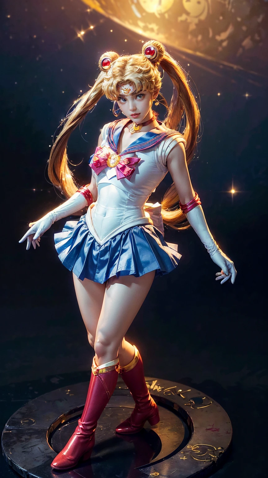 Best texture、High quality、Ulutra HD、8K、Full body form、1 girl in、Japanese actressl、25-years old、sailormoon、Red chest ribbon、blue pleated miniskirt、red knee-length boots、White gloves up to the elbows、There are no extra objects