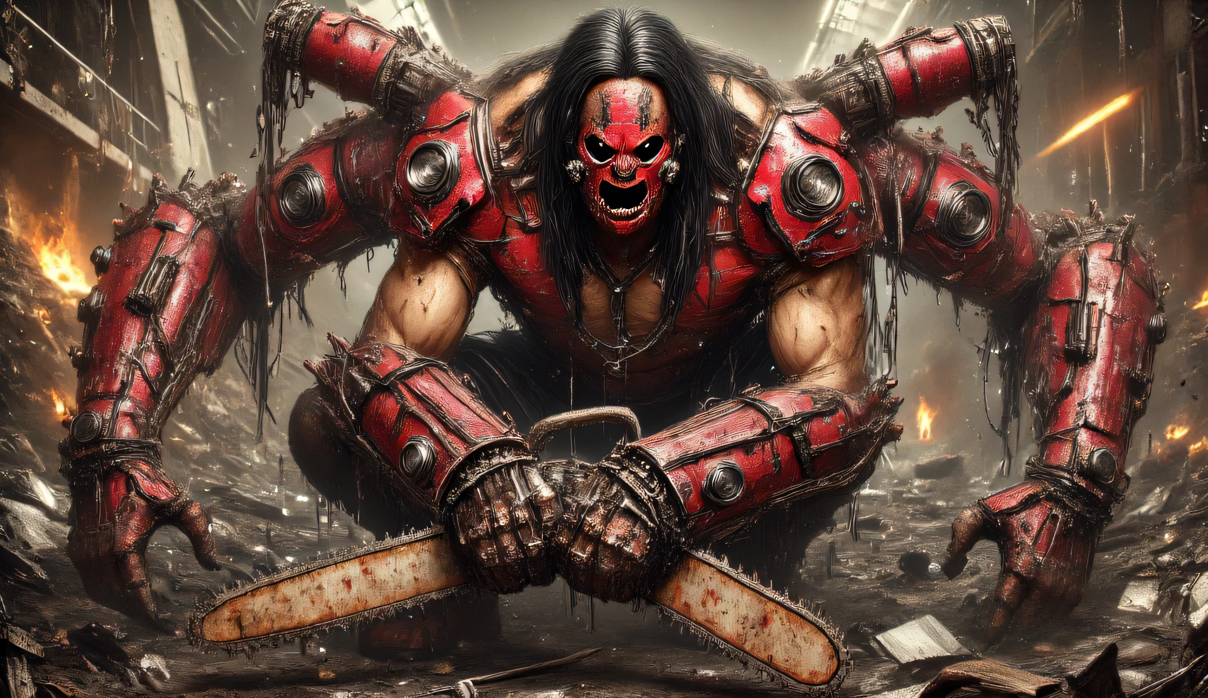 A large red cyborg orc with two mechanical arms. He's holding a big rusty chainsaw. The orc's face is hidden by a welding mask. A closed mask with black patterns. The eyes of the mask resemble round welding glasses. He has long black hair. He has a bare torso and dirty old black trousers. It is located in a huge landfill. It's full of metal. mountains of garbage. warm lighting.