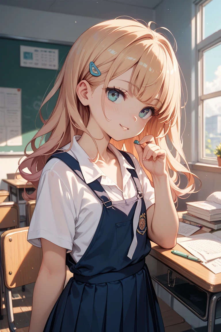 Masterpiece, best quality, ultra detailed, illustration, medium view, beautiful detailed eyes, ((vista, wide angle 1.31)), a girl, student uniform, at school