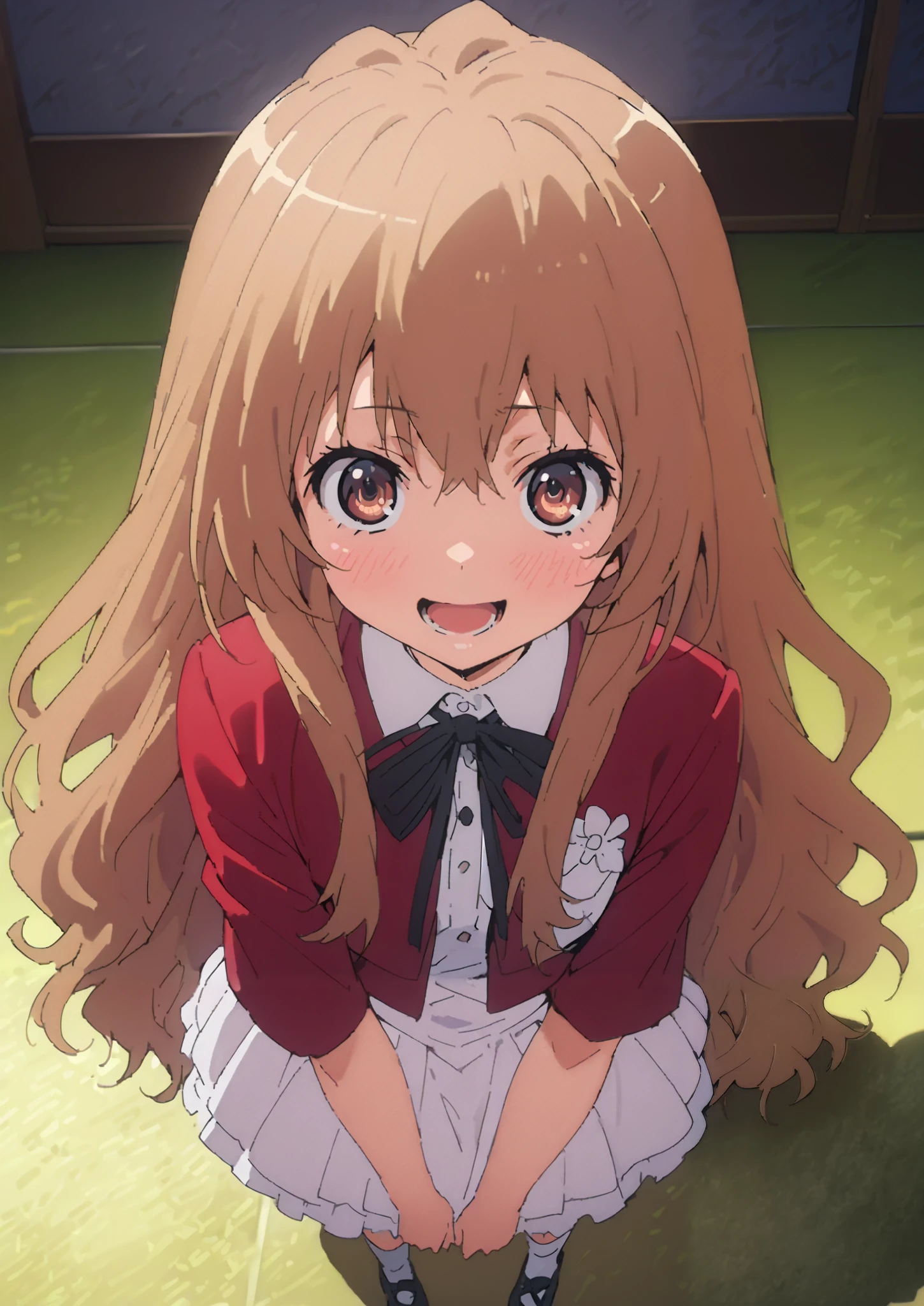 Taigaisaka, Aisaka Taiga,  long hair, Alone,brown hair, brown eyes,blush,smile,opens her mouth,hair Ribbon,アイドル歌手がライブ  stageで熱狂的に歌うシーンのイラスト,アイドル歌手が  stage中央にstanding, idol singers sing with microphones , idol singers are serious and impressive ,The singer&#39;s voice is strong and beautiful. ,  stageの周りにはファンが集まる,   fans sing and dance with idol singers Idol singers who do things  ,The Big Picture, Various colored lights , idol costume, dress,collared  dress, jacket,cropped  jacket,Short sleeve,bowtie,bow,button, above Decorati has ,,( white knee-high :1.2),shoes,standing,full bodyがイラストに入るように,
break indoors, stage,
break looking at viewer,full body,
break (masterpiece:1.2),Highest quality , kampala, Unity 8K Wallpaper ,(shape:0.8),(  fine, beautiful eyes  :1.6),It's a person ,full body写真,CG Details , ( perfect hands, complete anatomy),