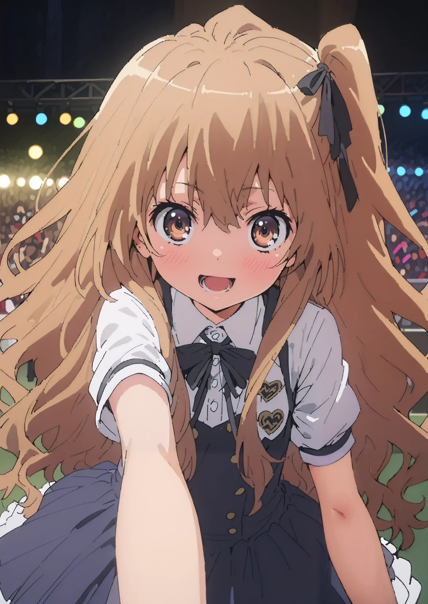 Taigaisaka, Aisaka Taiga, long hair, Alone,brown hair, brown eyes,blush,smile,opens her mouth,hair Ribbon,アイドル歌手がライブ stageで熱狂的に歌うシーンのイラスト,アイドル歌手が stage中央にstanding, idol singers sing with microphones , idol singers are serious and impressive ,The singer's voice is strong and beautiful. , stageの周りにはファンが集まる, fans sing and dance with idol singers Idol singers who do things ,The Big Picture, Various colored lights , idol costume, dress,collared dress, jacket,cropped jacket,Short sleeve,bowtie,bow,button, above Decorati has ,,( white knee-high :1.2),shoes,standing,full bodyがイラストに入るように,
break indoors, stage,
break looking at viewer,full body,
break (masterpiece:1.2),Highest quality , kampala, Unity 8K Wallpaper ,(shape:0.8),( fine, beautiful eyes :1.6),It's a person ,full body写真,CG Details , ( perfect hands, complete anatomy),