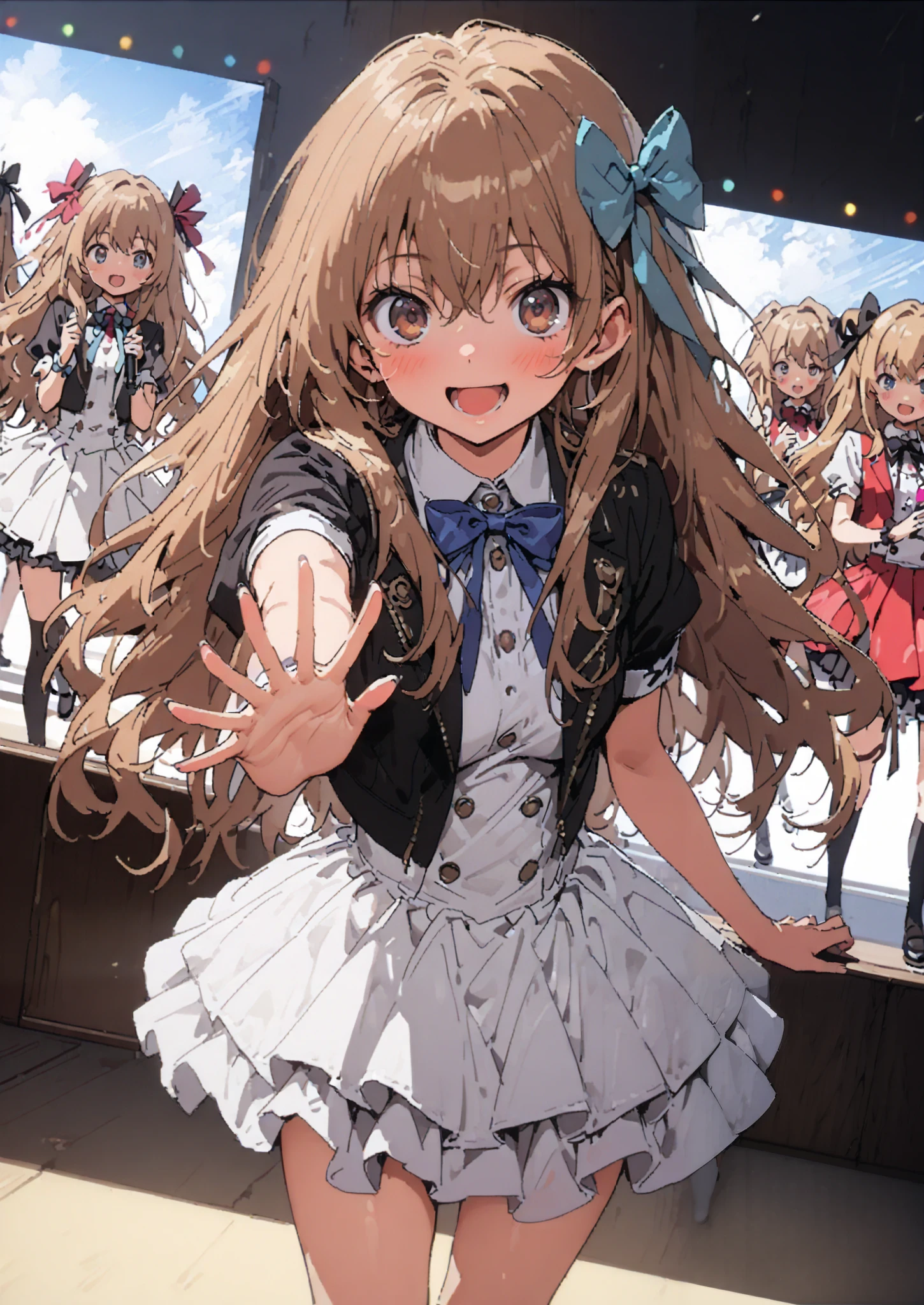Taigaisaka, Aisaka Taiga, long hair, Alone,brown hair, brown eyes,blush,smile,opens her mouth,hair Ribbon,アイドル歌手がライブ stageで熱狂的に歌うシーンのイラスト,アイドル歌手が stage中央にstanding, idol singers sing with microphones , idol singers are serious and impressive ,The singer's voice is strong and beautiful. , stageの周りにはファンが集まる, fans sing and dance with idol singers Idol singers who do things ,The Big Picture, Various colored lights , idol costume, dress,collared dress, jacket,cropped jacket,Short sleeve,bowtie,bow,button, above Decorati has ,,( white knee-high :1.2),shoes,standing,full bodyがイラストに入るように,
break indoors, stage,
break looking at viewer,full body,
break (masterpiece:1.2),Highest quality , kampala, Unity 8K Wallpaper ,(shape:0.8),( fine, beautiful eyes :1.6),It's a person ,full body写真,CG Details , ( perfect hands, complete anatomy),