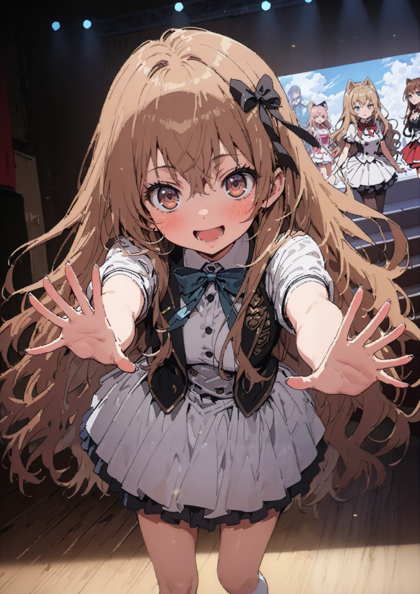 Taigaisaka, Aisaka Taiga,  long hair, Alone,brown hair, brown eyes,blush,smile,opens her mouth,hair Ribbon,アイドル歌手がライブ  stageで熱狂的に歌うシーンのイラスト,アイドル歌手が  stage中央にstanding, idol singers sing with microphones , idol singers are serious and impressive ,The singer&#39;s voice is strong and beautiful. ,  stageの周りにはファンが集まる,   fans sing and dance with idol singers Idol singers who do things  ,The Big Picture, Various colored lights , idol costume, dress,collared  dress, jacket,cropped  jacket,Short sleeve,bowtie,bow,button, above Decorati has ,,( white knee-high :1.2),shoes,standing,full bodyがイラストに入るように,
break indoors, stage,
break looking at viewer,full body,
break (masterpiece:1.2),Highest quality , kampala, Unity 8K Wallpaper ,(shape:0.8),(  fine, beautiful eyes  :1.6),It's a person ,full body写真,CG Details , ( perfect hands, complete anatomy),