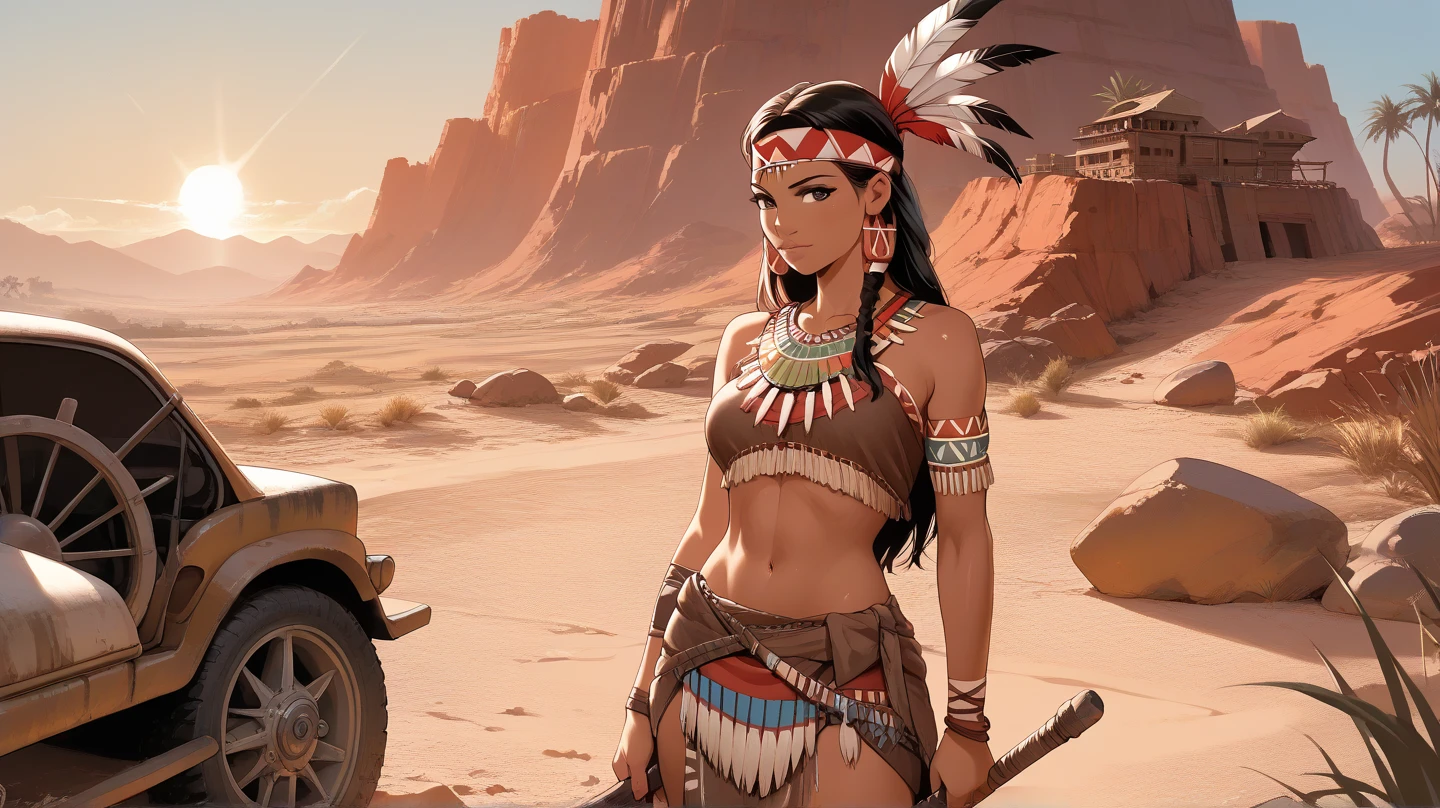 A woman receiving a quest at a bar in the Wild West. A daily life in a teepee.、Native American female warrior roasting a pig over a bonfire for lunch、\(cute,beautiful,18-year-old,Muscular,carrying a heavy tomahawk,Leather Dresses\(fringe, glass beads\),Indian Cape\(fringe, glass beads\), War Cap\(native american feather crown\),Shiny, dark and fresh skin,chest,necklace\(Lots of fangs),Indian Moccasins,glass beadsのイヤリング), break ,background(outside,Wilderness of the American West),Dynamic action poses, Dynamic Angle, break ,quality\(8k,Highly detailed CG unit wallpaper, masterpiece,High resolution,top-quality,top-quality real texture skin,Surreal,Increase the resolution,RAW Photos,highest quality,Very detailed,wallpaper,Cinema Lighting,Ray-tracing,Golden Ratio\)[Browsing Caution:2.0],View Viewer