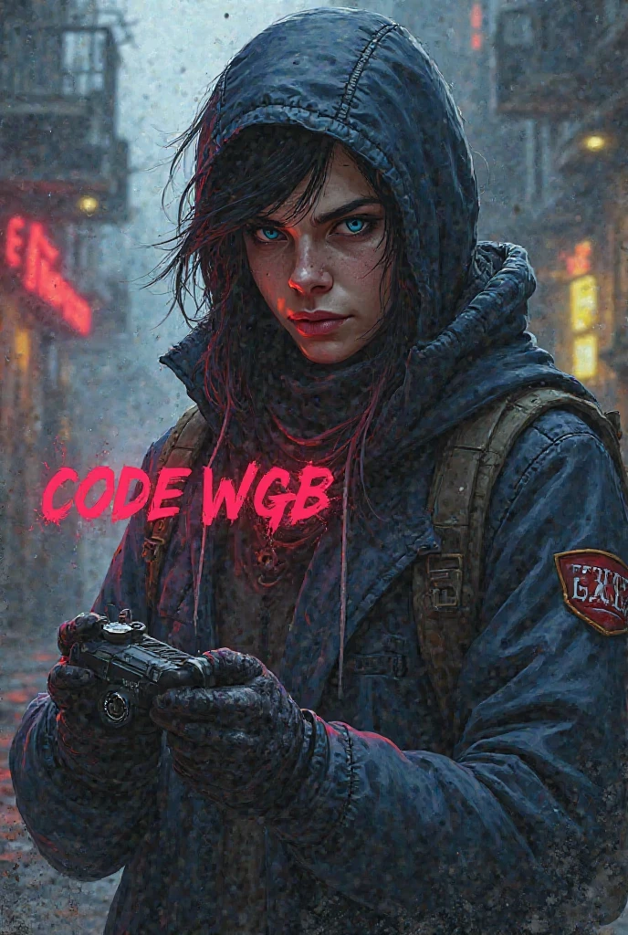 Artwork, une fille, gangster, avec une cagoule à tête de mort, tatouage sur tout , agressif, armé, dark fantasy