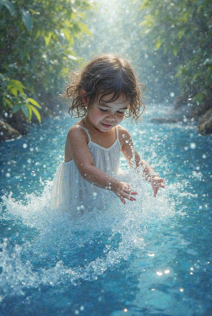1garota linda, Maga manipulating water with his hands, water floating in bright bubbles, multi-layered clothing, clothes with decorations wearing jewelry, expression of innocence and joy