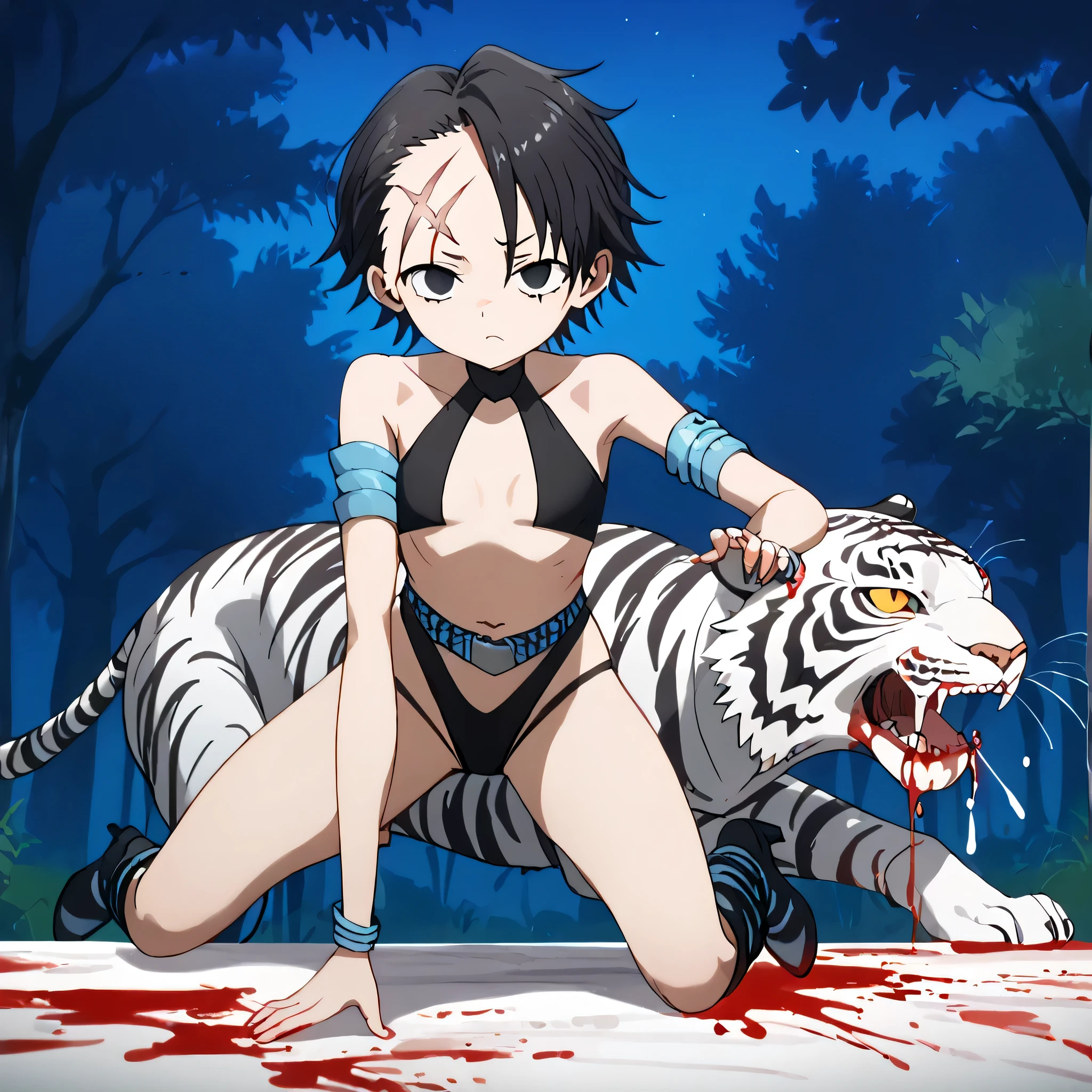 (((Masterpiece))), (((Best Quality))), ((Super Detail)), ultra-High resolution, score_9,score_8_up,score_7_up,score_6_up,score_5_up,score_4_up, BREAK, source_anime, anime screencap, uncensored, rating_explicit, Masterpiece, curvy, dark persona, empty eyes, expressionless, blank eyes, looking at viewer, emotionless, Fighting Stance, horizontal pupils, black leotard, clothing cutout, high heel boots, knee boots, circlet, armlet, bracelet, belt, halterneck, (((solo, 1girl))), hair ornament, seductive pose, submissive pose, small breast, itadori, black eyes, black hair, short hair, (((scar on forehead))), forest background, night background, night, (((riding a tiger, horror tiger, riding, blood splatter)))