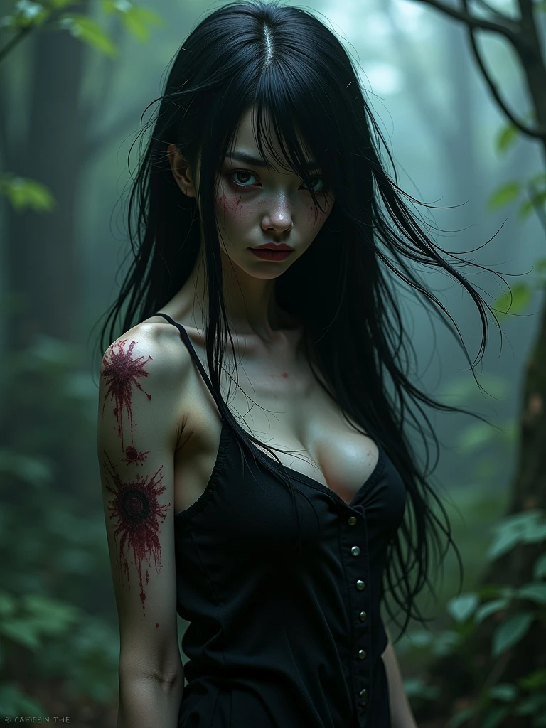 (best quality,photorealestic),(dark,foreboding) japanese woman ,Detailed black eyes,long black hair, that resembles the night,pale skin,visible dark circles under the eyes,athletic body, but strewn with scars,Ominous atmosphere,Gothic aesthetics,Nightmarish appearance,intense look,Mysterious aura, twisted and tense posture,Dramatic shadows and lighting,Vivid contrast between light and dark,Indication of danger,enchanted atmosphere