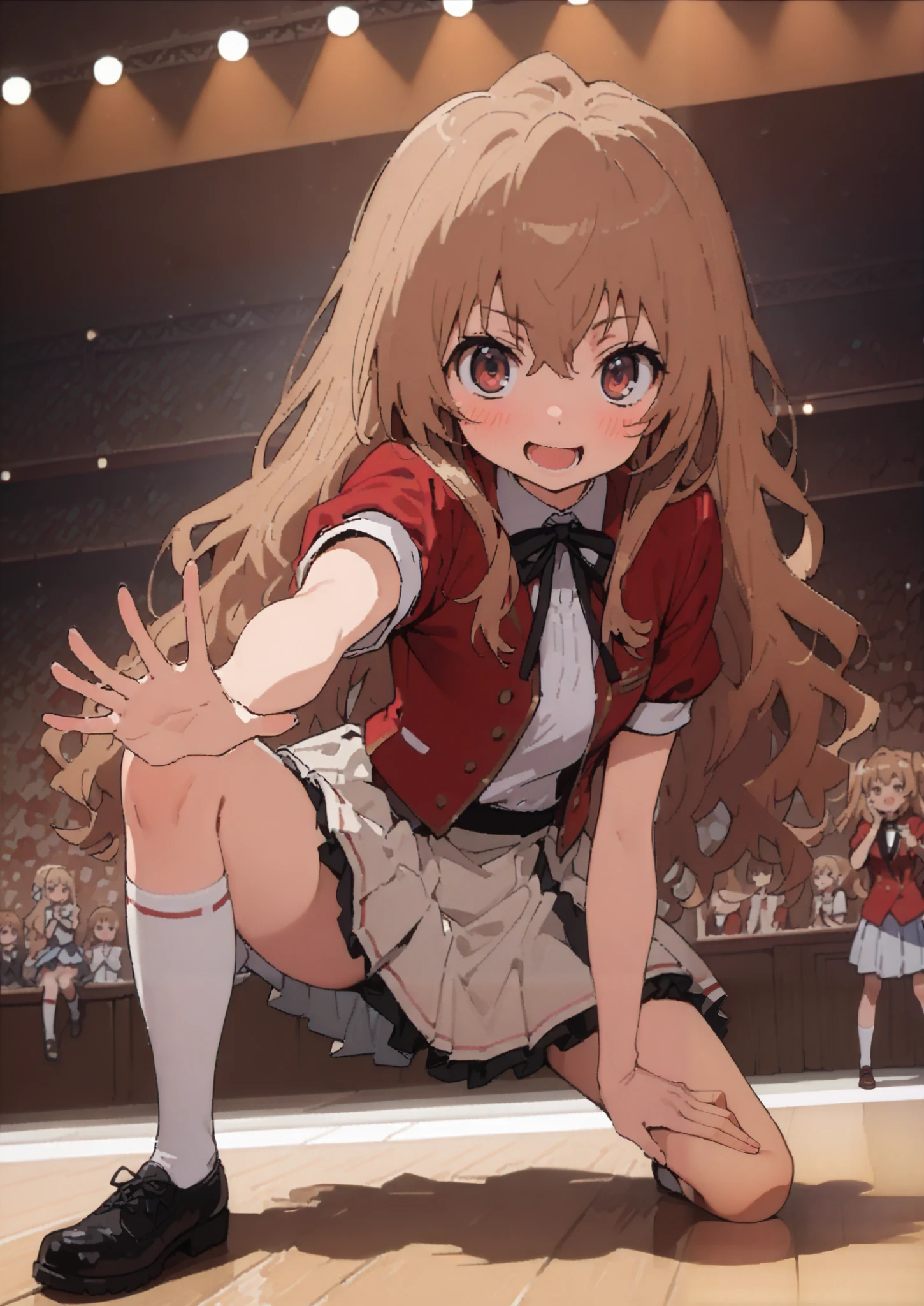 Taigaisaka, Aisaka Taiga, long hair, Alone,brown hair, brown eyes,blush,smile,opens her mouth,hair Ribbon,アイドル歌手がライブ stageで熱狂的に歌うシーンのイラスト,アイドル歌手が stage中央にstanding, idol singers sing with microphones , idol singers are serious and impressive ,The singer's voice is strong and beautiful. , stageの周りにはファンが集まる, fans sing and dance with idol singers Idol singers who do things ,The Big Picture, Various colored lights , idol costume, dress,collared dress, jacket,cropped jacket,Short sleeve,bowtie,bow,button, above Decorati has ,,( white knee-high :1.2),shoes,standing,full bodyがイラストに入るように,
break indoors, stage,
break looking at viewer,full body,
break (masterpiece:1.2),Highest quality , kampala, Unity 8K Wallpaper ,(shape:0.8),( fine, beautiful eyes :1.6),It's a person ,full body写真,CG Details , ( perfect hands, complete anatomy),