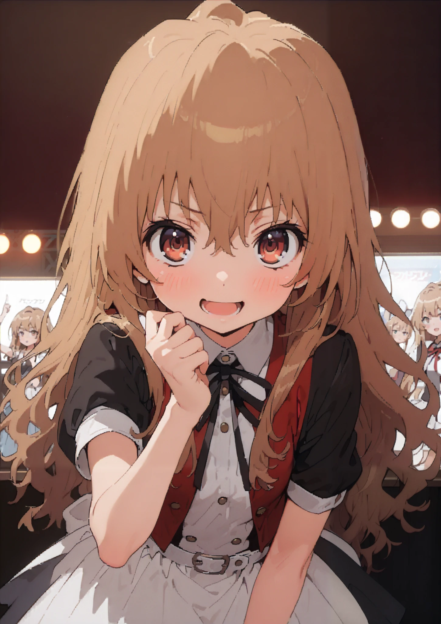 Taigaisaka, Aisaka Taiga, long hair, Alone,brown hair, brown eyes,blush,smile,opens her mouth,hair Ribbon,アイドル歌手がライブ stageで熱狂的に歌うシーンのイラスト,アイドル歌手が stage中央にstanding, idol singers sing with microphones , idol singers are serious and impressive ,The singer's voice is strong and beautiful. , stageの周りにはファンが集まる, fans sing and dance with idol singers Idol singers who do things ,The Big Picture, Various colored lights , idol costume, dress,collared dress, jacket,cropped jacket,Short sleeve,bowtie,bow,button, above Decorati has ,,( white knee-high :1.2),shoes,standing,full bodyがイラストに入るように,
break indoors, stage,
break looking at viewer,full body,
break (masterpiece:1.2),Highest quality , kampala, Unity 8K Wallpaper ,(shape:0.8),( fine, beautiful eyes :1.6),It's a person ,full body写真,CG Details , ( perfect hands, complete anatomy),