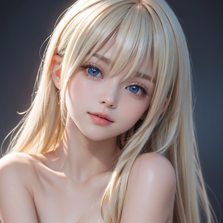 pretty girl, (ash blonde hair), ((very bun hair)), perfect face, innocent smile, Upper body,(Cerulean Eyes), (yan), (), (thin), ((flat chest)), ((16 only)), skin dents, extreme details, attractive oval face, red lips, pink, Glossy skin, fine hair, face focus, close up of chest, luxurious hair ornament, gold earrings, ((1 girl)), embarrassed look,