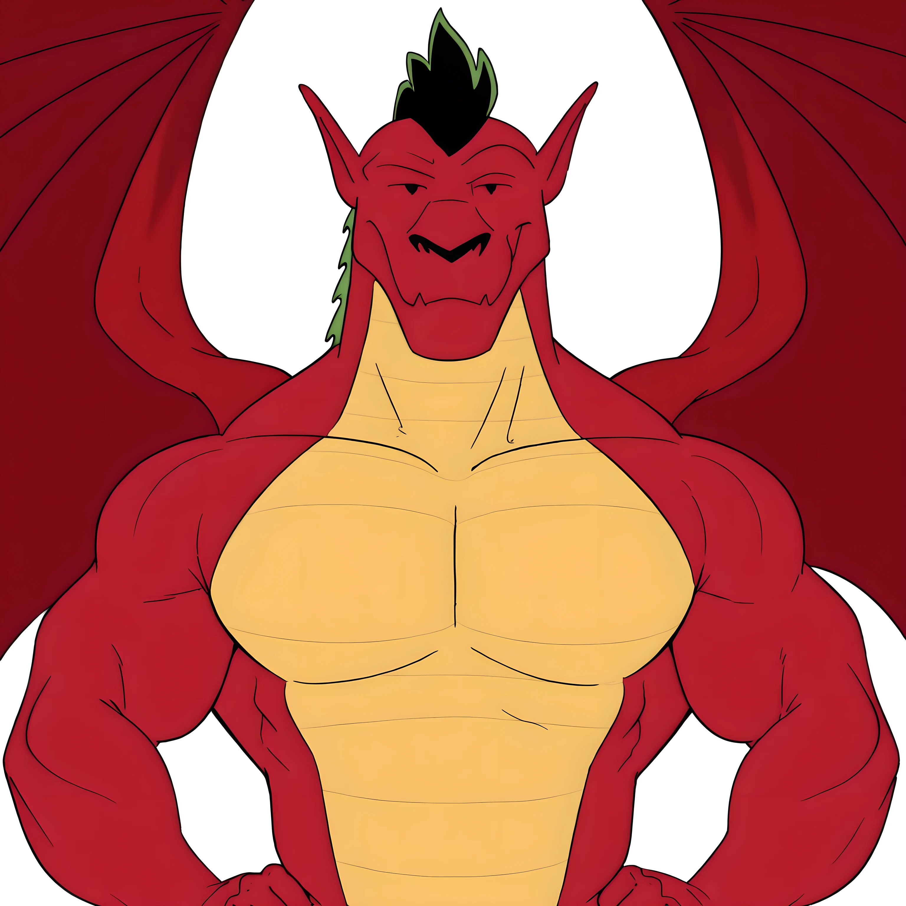 j4k3, dragon boy, black eyes, wings spread, standing proud, looking at viewer, white background, simple background, high quality, strong chest, (wide shoulders, wide chest), muscular neck, (biceps, pecs), muscular, proud, strong, D0uble_bi, half body