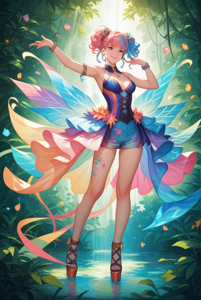 ((masterpiece)),(((highest quality))),((Reference Sheet, Character Design, front, return, ~ ~ side, Mr..々Hairstyle, Mr..々Performance, Facial Expressions)), 14-year-old girl, Cute type, (とてもslim:1.4), (Very small ass:1.4), Realistic buttocks, Medium milk，ショートカットでサイドウェーブのBrown Hair，Thin thighs, Long legs, It's not a big deal, ((Expose your shoulders, short hair, Brown Hair, colored feather, metal ornaments, colored Flowers, particle, Light, (Fractal Art: 1.1), (colorful: 1.1) (Flowers: 1.3), (Many colors: 1.4), (Earrings: 1.4), (feather: 1.4)，((15-year-old girl)), (((slim, Tight waist, Thin thighs, Thin arms, Raise your arms, Please show me your armpits))), ((Browsing Caution:1.0))
