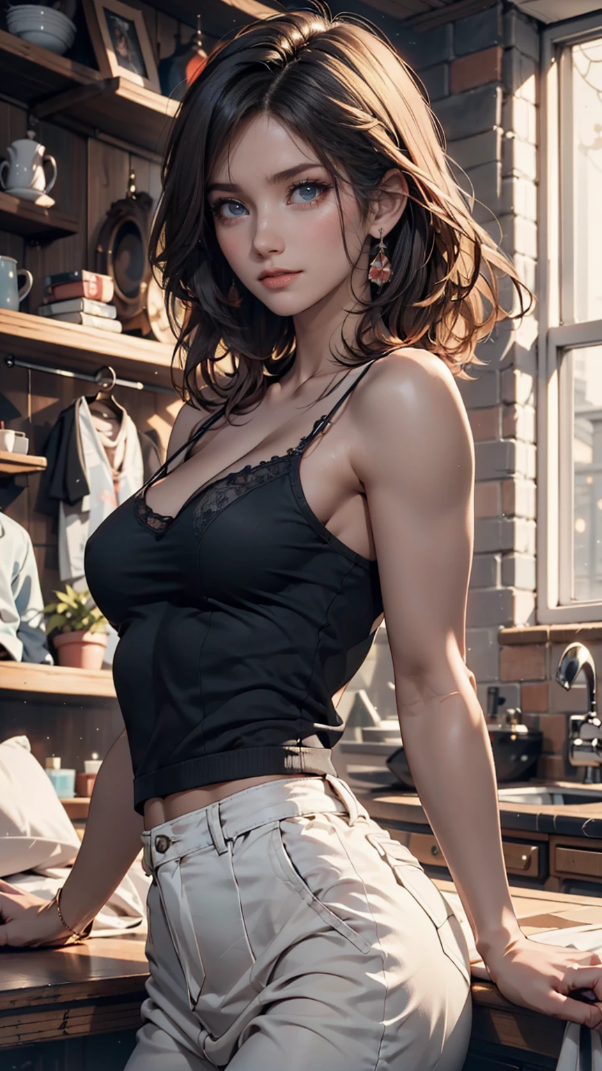 4K, 40 years old woman, skinny,sitting legs together, full body view, hightights, beautiful expresive face, short tank top, little perky tits, shorts, earings, tattoo, bepiercing,