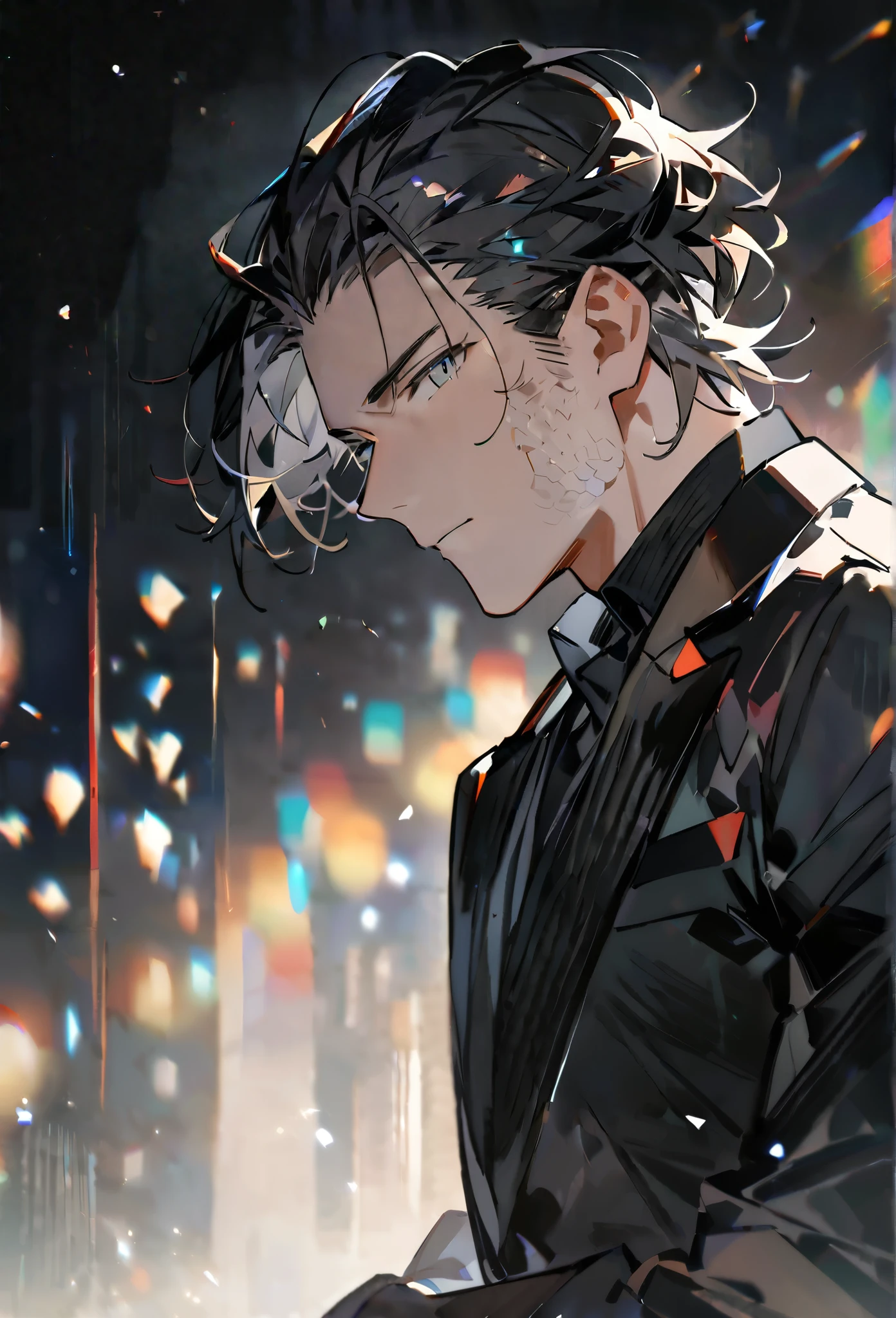 masterpiece, best quality, Detailed Eyes, high resolution, detail, high details, score_9, score_8_up, score_7_up, source_anime, illustration, exposure blend, faded, glitter particles floating around, a 35 year old man, intelligence, tall, fit, black very short hair, hair slicked back, gray eyes, slit pupils, black suit, black long coat, in the room, black gloves, Snake scales skin, middle-aged man, wrinkles, looking at viewer, starshadowmagician, Artist: starshadowmagician, bokeh, cinematic lighting
