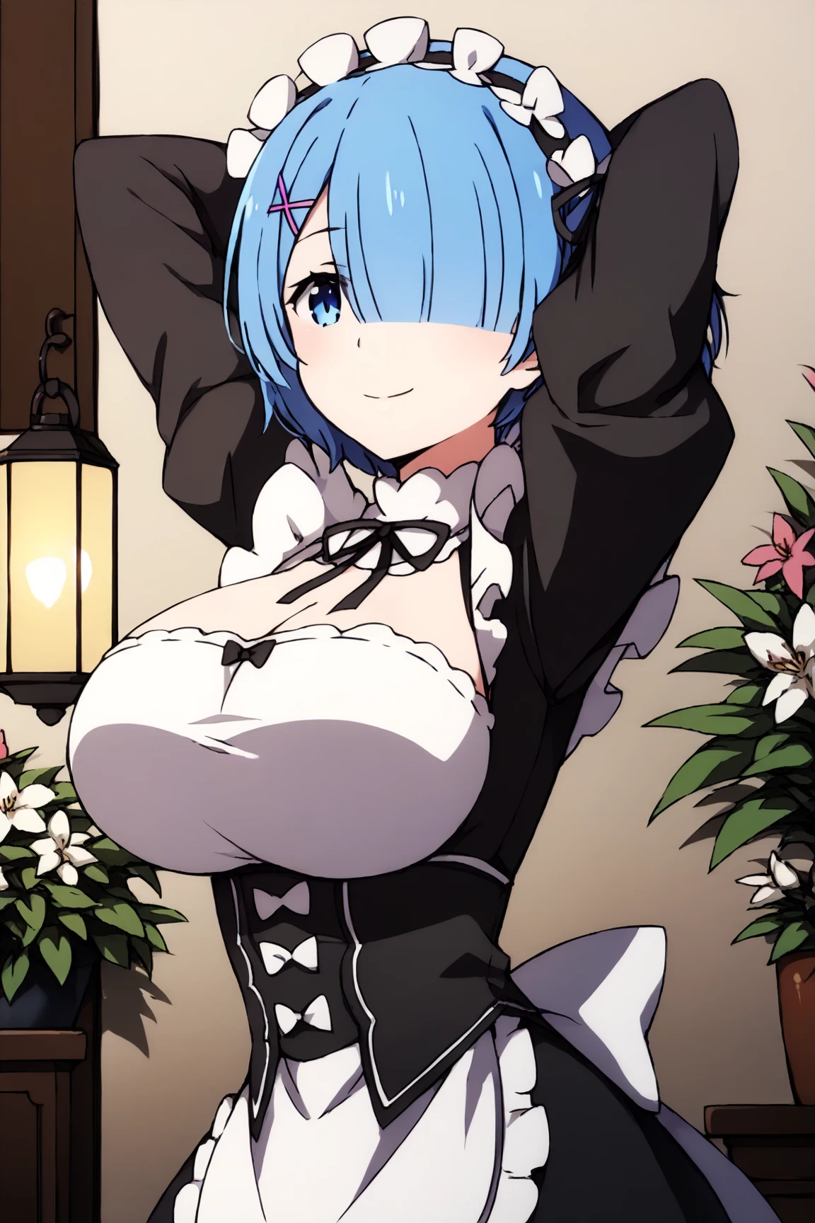 (masterpiece, Highest quality),Re:Zero、Rem、Hiding her nipples with her hands、Panty shot