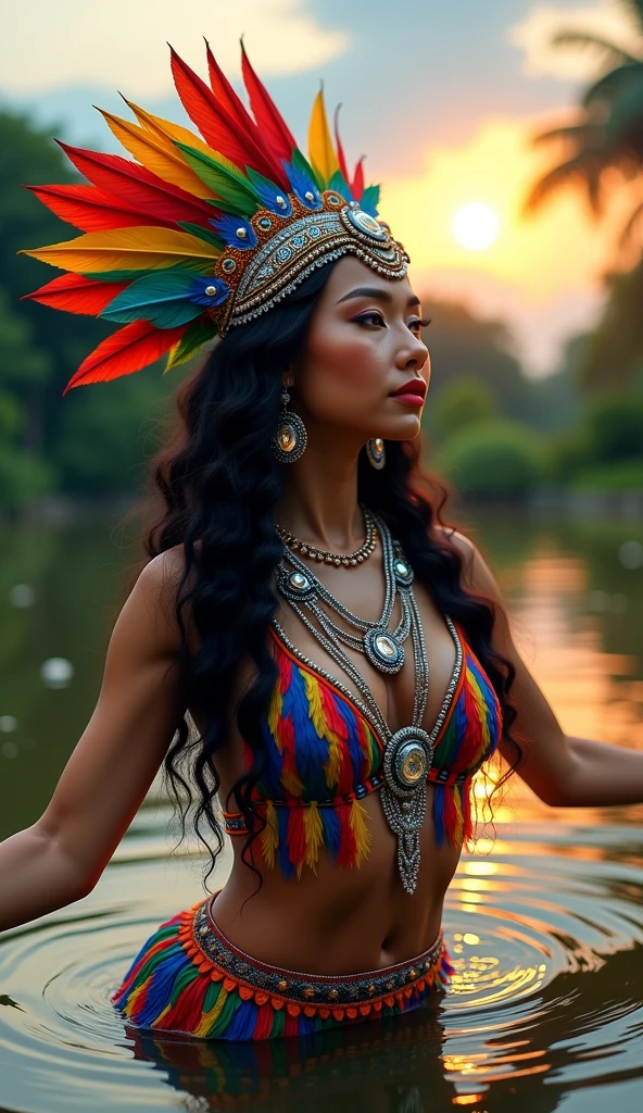 1 girl, ((big breasts)), (Cut the abdomen: 1.1), (perfect body: 1.1), (length straight hair: 1.2), ((black hair)), full body, Wild Brazilian Indian Zavante, (((extremely tanned skin))), straight black hair with bangs, Giant blue macaw feather headdress, sexy chest,revealing clothes,Indigenous clothing,athletic build, length, Curvy legs, Covering the feathers of a large parrot, black and red tribal paint, Indigenous Face Paint, Giant necklace of blue macaw feathers, ((yellow eyes)), tall body, ((Mid-thigh)) Along the Amazon River, Highly detailed beautiful landscapes (Highly detailed 8K CG wallpaper), (very delicate and beautiful), ( masterpiece), (highest quality: 1.0), (ultra High resolution: 1.0), beautiful lighting, perfect lighting, realistic shadow, [High resolution], fine skin, ((skin texture)), Super detailed ((( colorful)))
