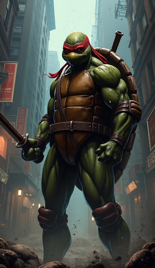 Masterpiece, high level of detail, high resolution, wide angle, Filming, age Mutant Ninja Turtles, Raphael. His weapon is two Ninja (SAI)