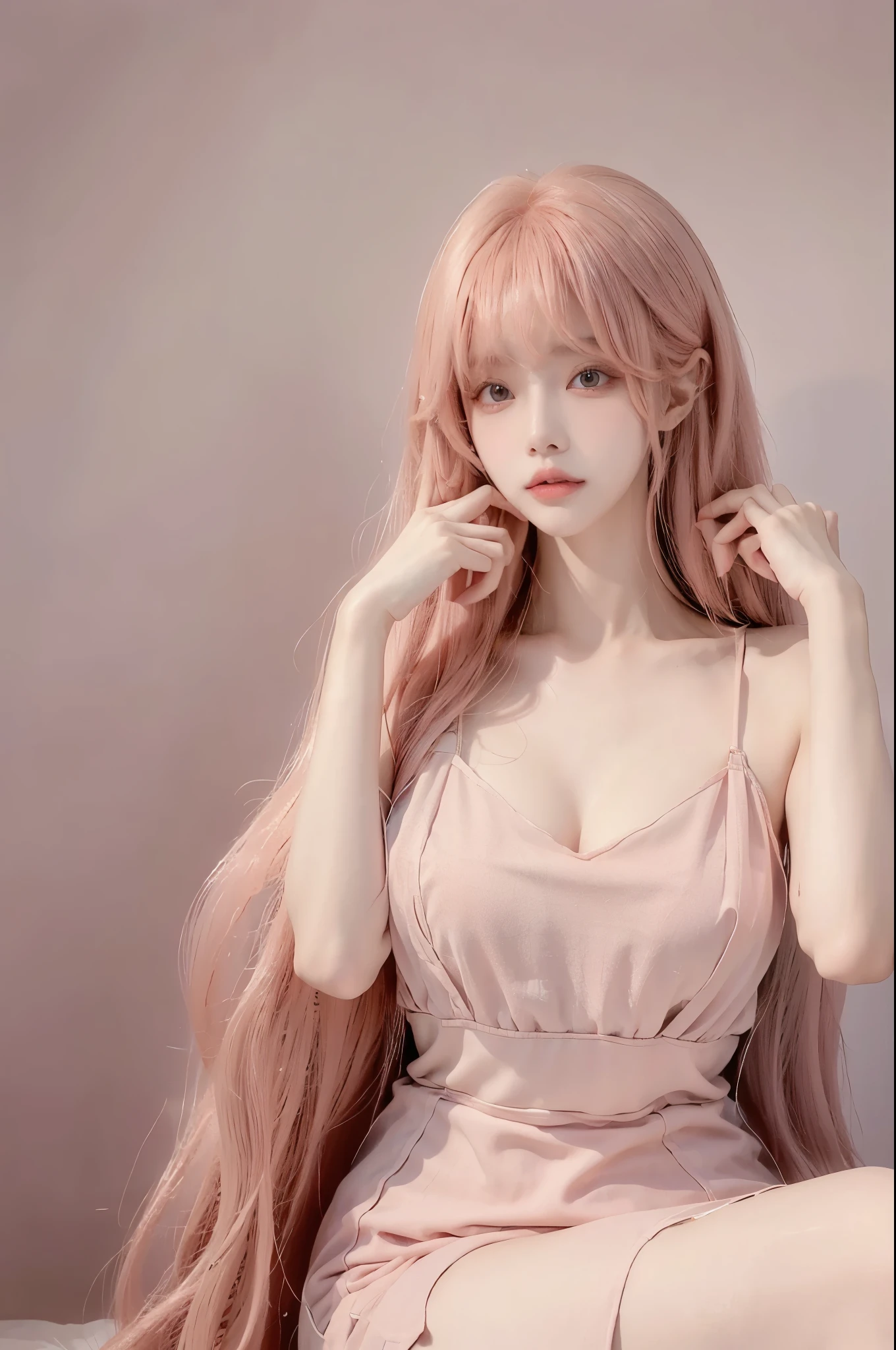 Beautiful woman with perfect body:1.4,Prominent cleavage,Layered Hairstyle,Highly detailed face and skin textures,Double eyelids,Skin Whitening,Long hair,Whitened long legs,Half chest wedding dress,Pink Hair