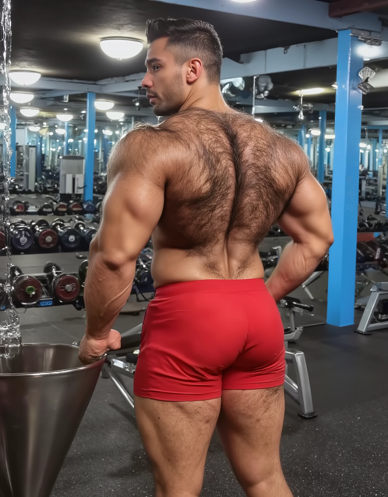 Masterpiece, Accurate, Award Winning, Best Quality, Extremely Detailed, 8K, HD, Super-Resolution, Dynamic Depth of Field, Photorealistic, Full Coloured, Realistic Skin and Hair Texture, ((a 35-year-old, incredibly fit and muscular Malay man with warm, golden-brown skin, thick black hair styled neatly, a strong jawline, deep-set dark brown eyes, and a light sheen of sweat highlighting his chiseled facial features, standing next to a sleek stainless steel water fountain in a high-end gym)). His massive, sculpted legs and round, prominent glutes are accentuated by ((tight, very short red workout shorts that cling to his powerful thighs and highlight the fullness of his muscular backside)). His well-defined abs and broad chest are exposed, his upper body glistening with sweat under the gym’s bright LED lighting. His expression is calm yet confident, his gaze focused as he takes a brief pause from his intense training. The modern gym setting features ((state-of-the-art fitness equipment, large floor-to-ceiling mirrors reflecting his powerful physique, and black rubber flooring with neatly arranged dumbbells and weight plates in the background)). Shot on ((Canon EOS R5, RF 85mm f/1.2L lens, f/2.0 aperture, 1/250 shutter speed, shallow depth of field, sharp high-contrast lighting emphasizing the contours of his body, with cool-toned reflections from the gym’s metallic surfaces creating a polished and dynamic atmosphere)). The composition captures an intensely homoerotic energy, highlighting the lifelike realism of his physique, the allure of his commanding presence, and the raw masculinity of his gym-honed body.